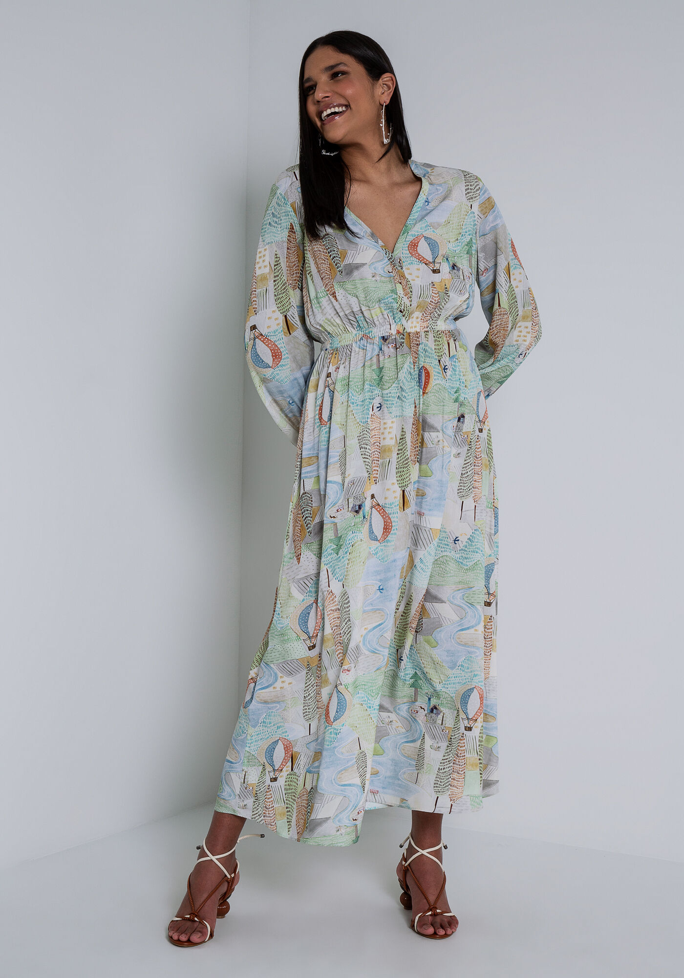 Vestido Midi Manga Longa em Viscose Estampado, FLUTUAR, large.