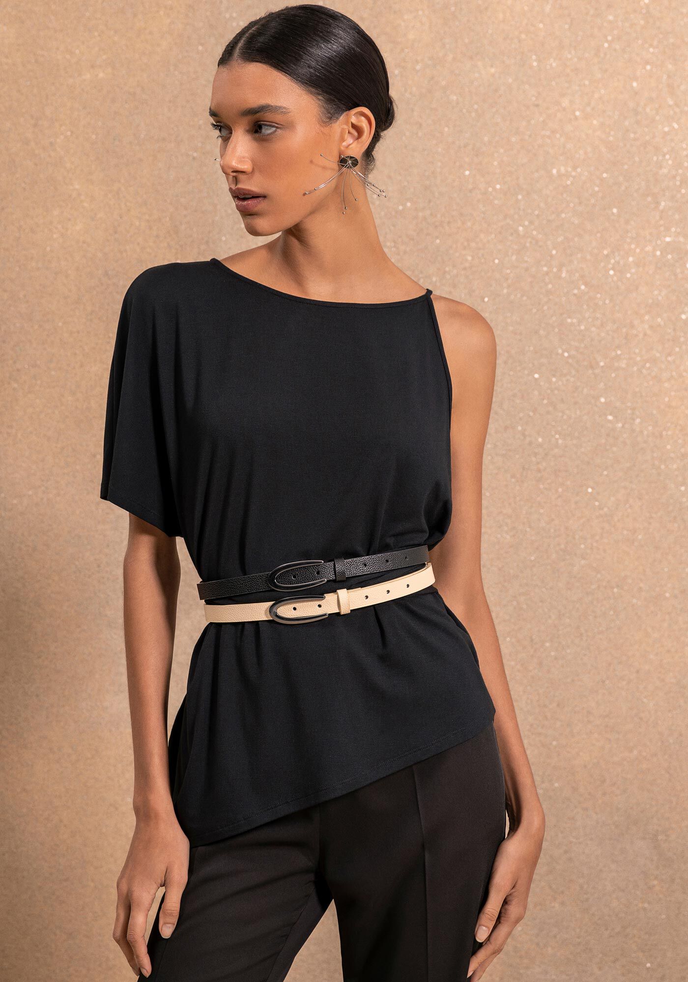 Kit Com 2 Cintos Finos De Quadril Com Fivel Metalizada, BEGE BISCUIT/PRETO, large.