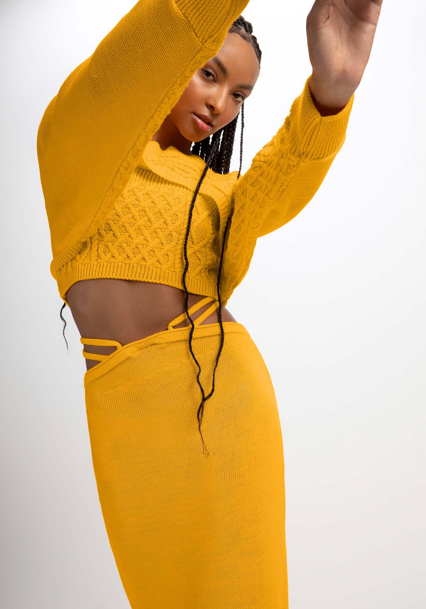 Blusa Manga Longa em Tric&ocirc; com Top, AMARELO ANGUS, large.