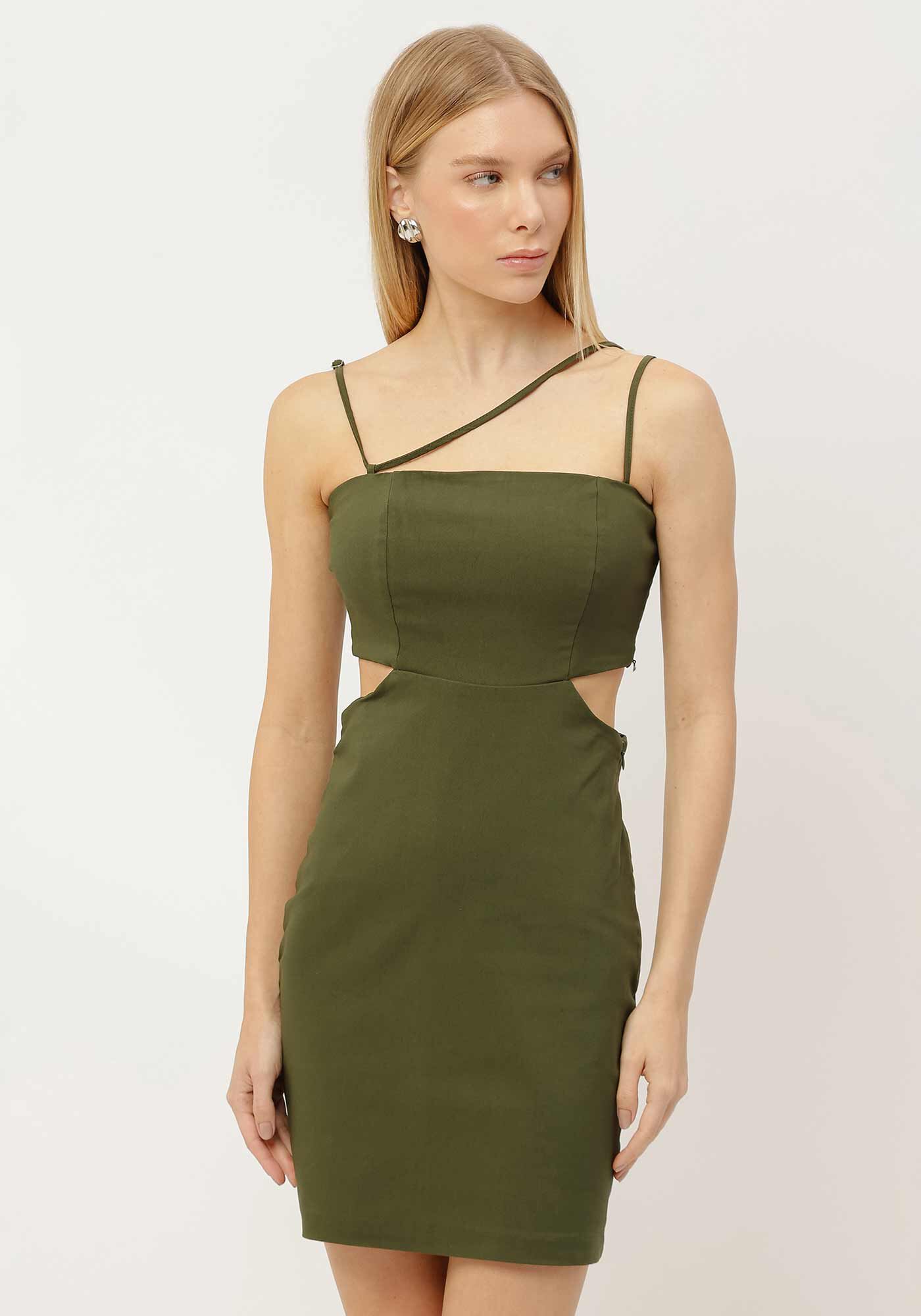 Vestido Curto com Al&ccedil;a Assim&eacute;trica e Cut Out, VERDE TURFA, large.