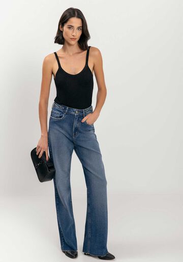 Calça Wide Leg Jeans Comfort Com Cintura Alta E Bridão, JEANS. Calça Wide Leg Jeans Comfort Com Cintura Alta E Bridão, JEANS, large.