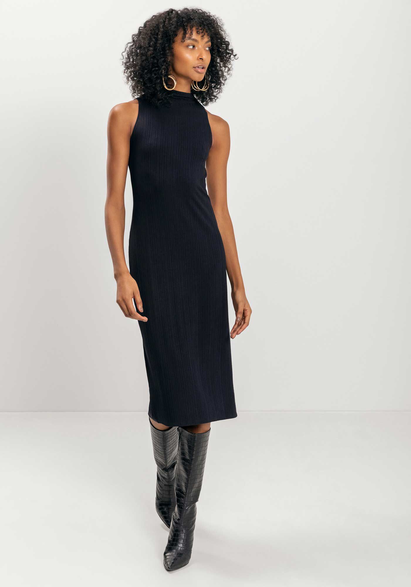 Vestido Midi B&aacute;sico Em Malha Canelada De Viscose, , large.