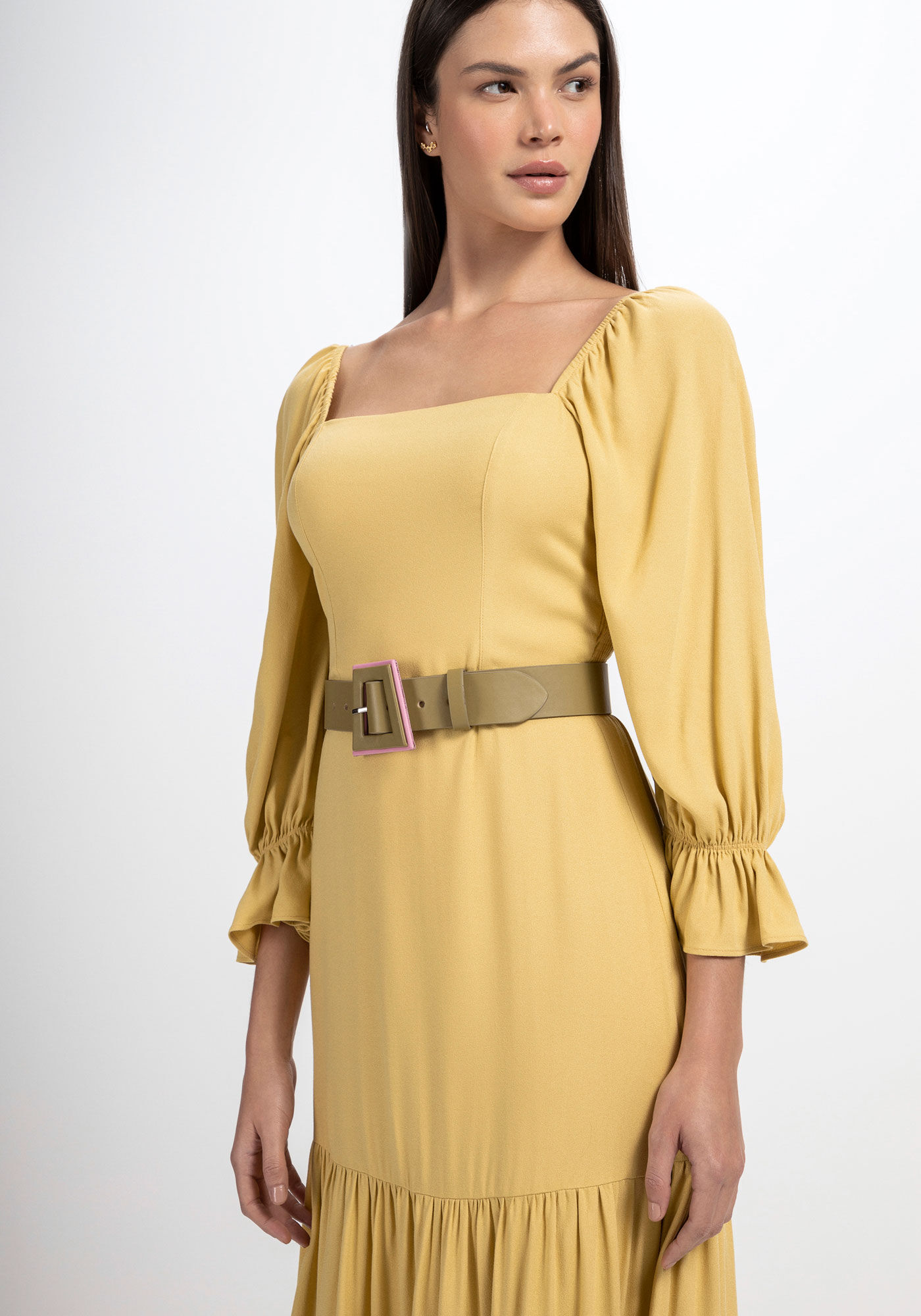 Vestido Midi com Manga Bufante e Babados, , large.