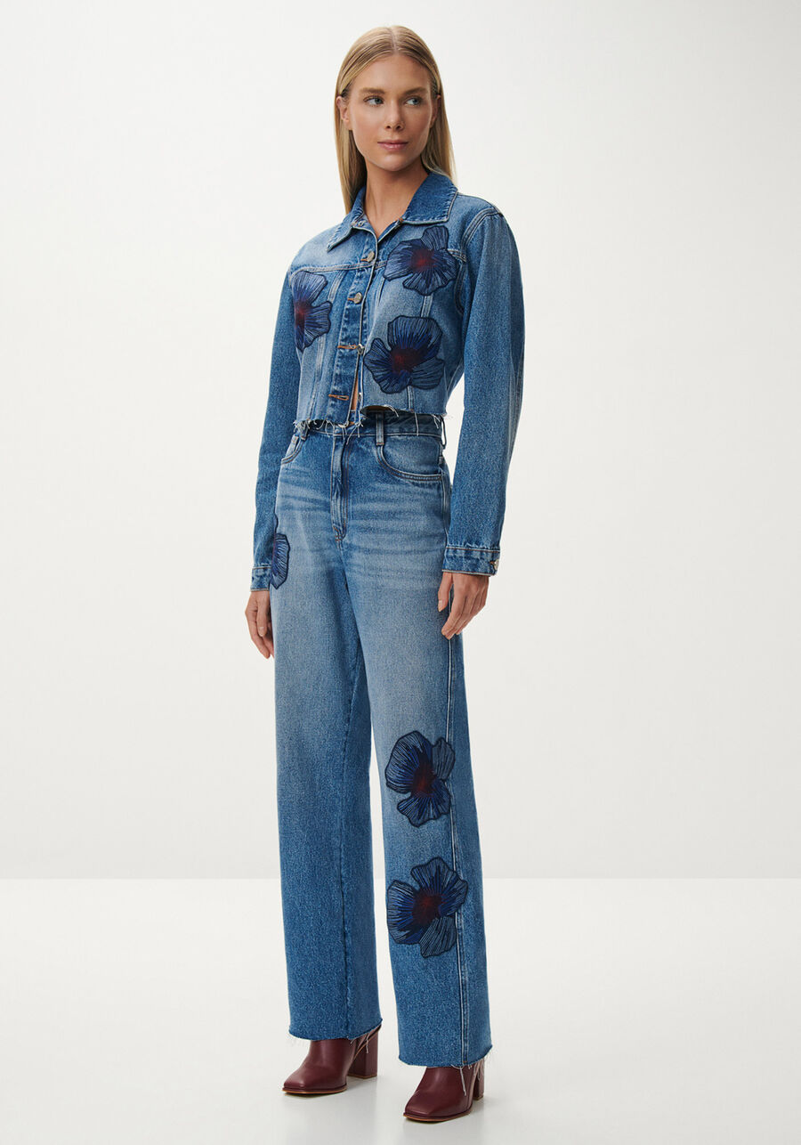 Calça Jeans Reta Super Alta com Bordado Flores, . Calça Jeans Reta Super Alta com Bordado Flores, , large.
