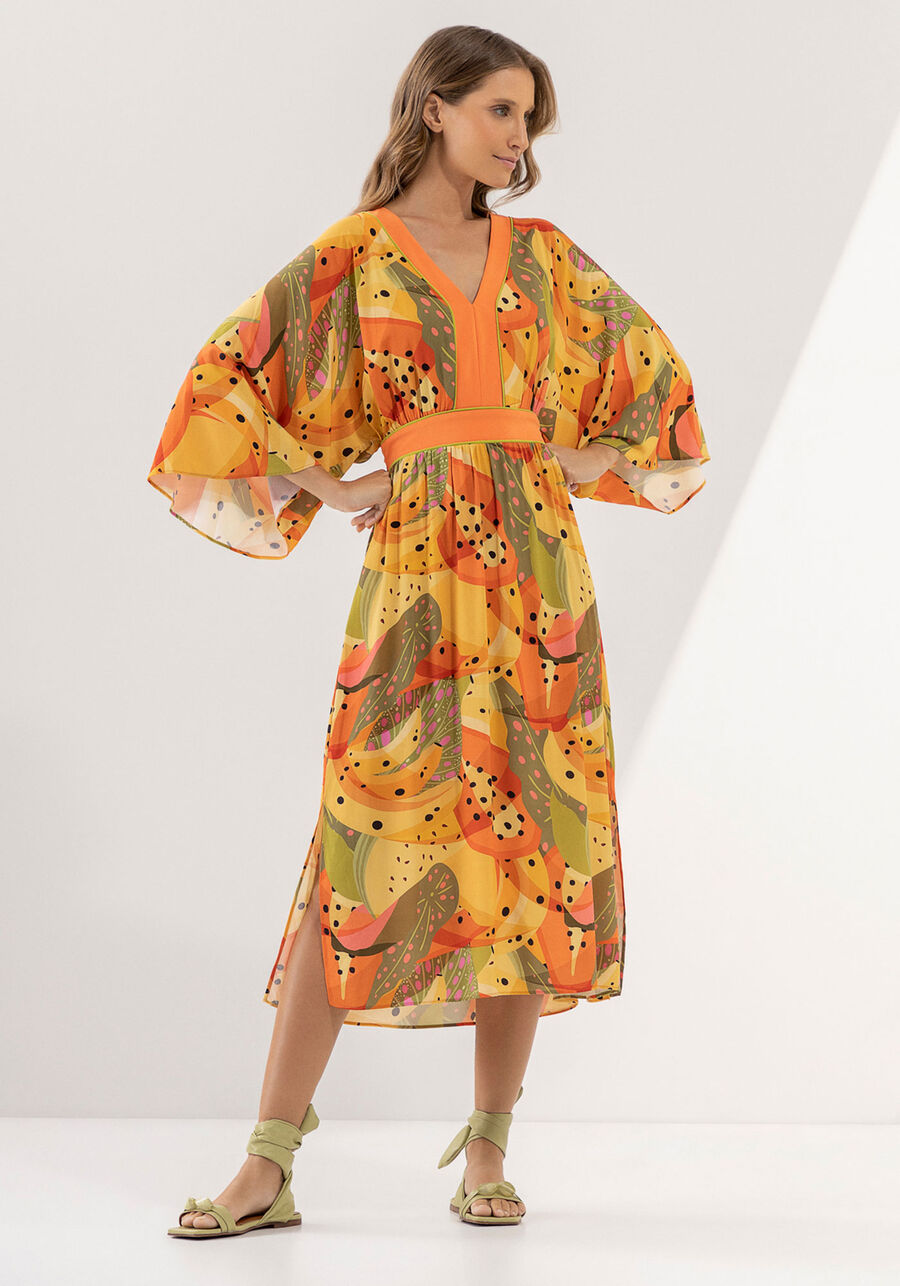 Vestido Midi Estampado com Manga Flare e Faixa, . Vestido Midi Estampado com Manga Flare e Faixa, , large.