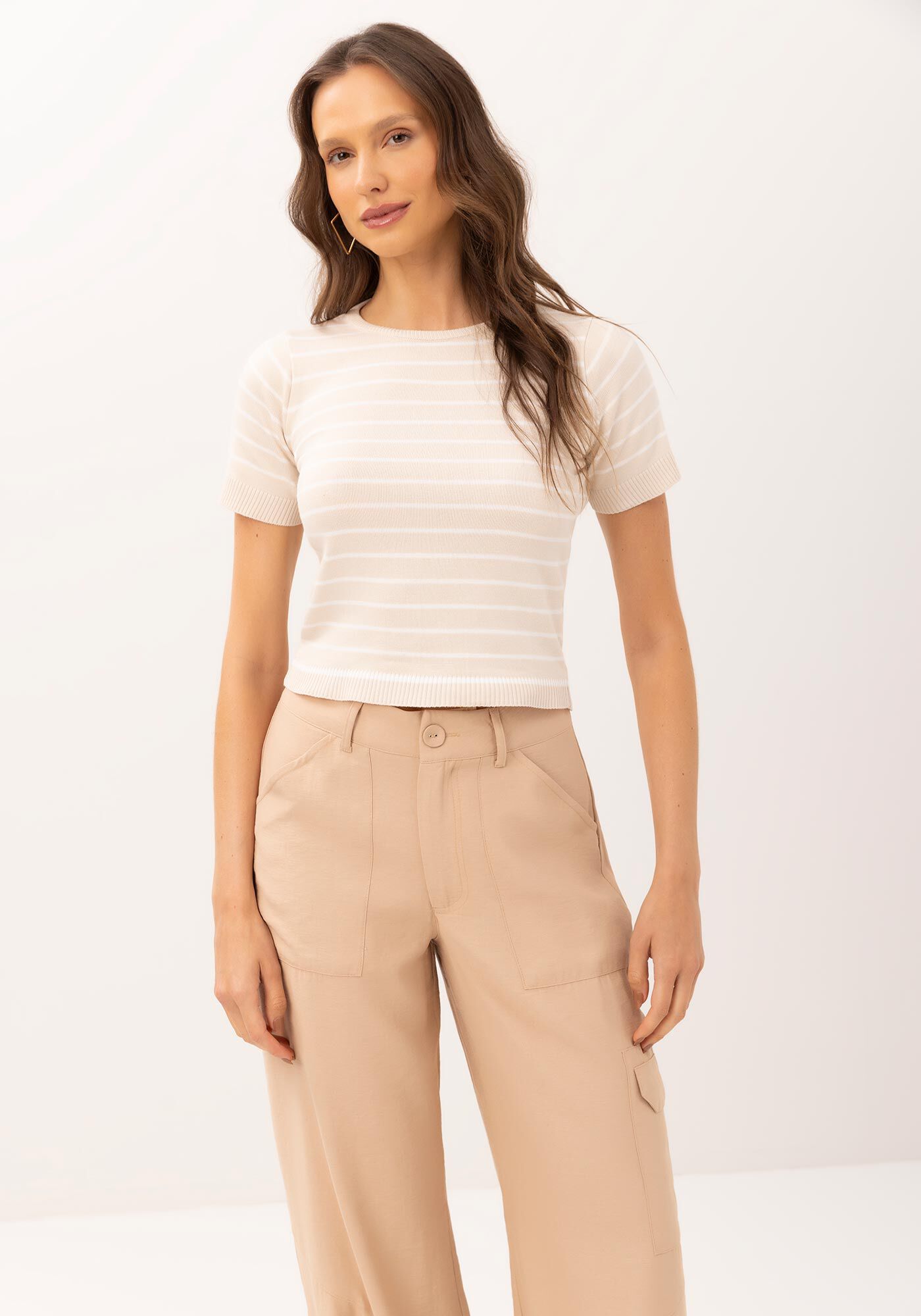 Blusa Listrada em Tric&ocirc; com Manga Curta, , large.