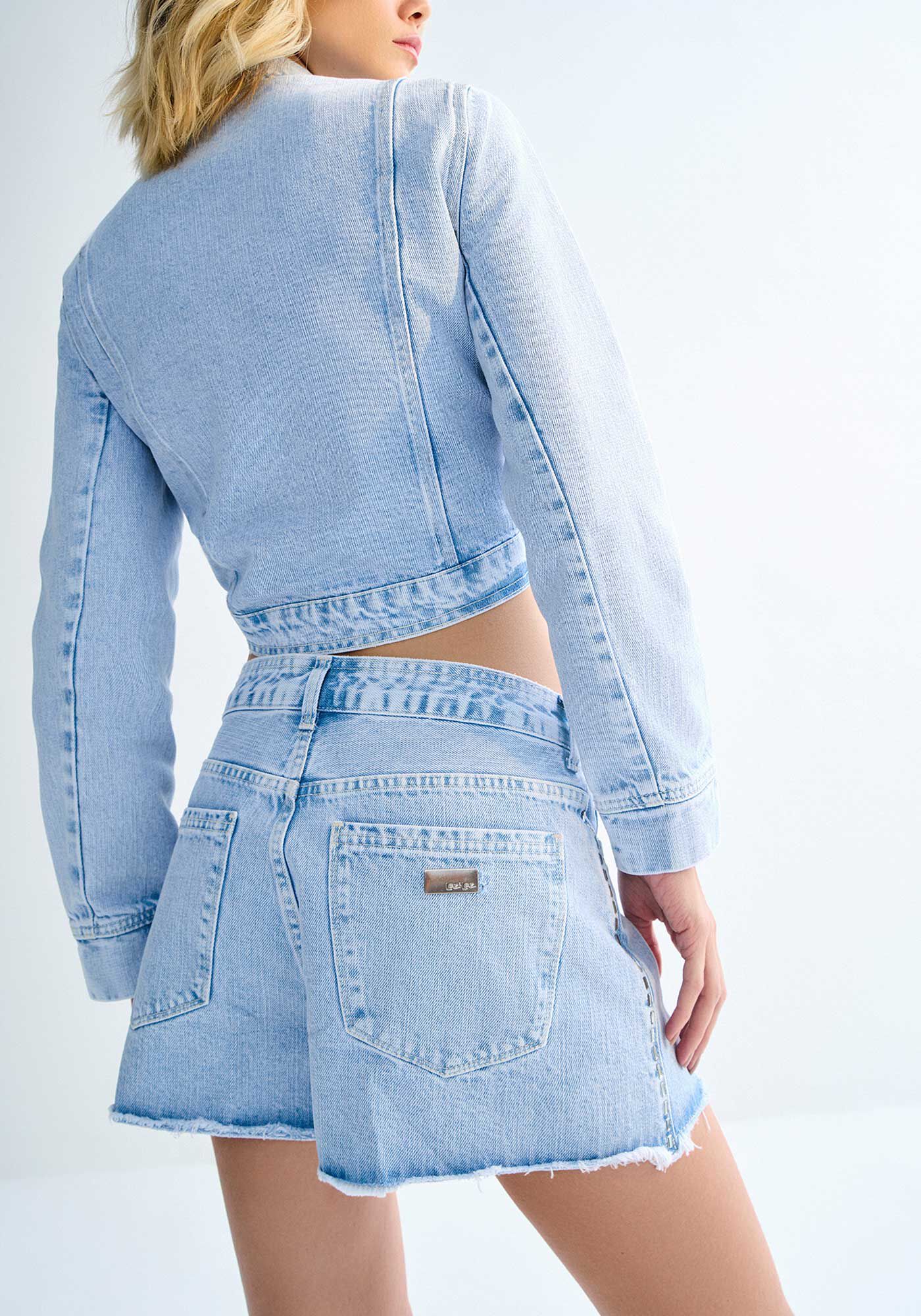 Shorts Jeans Linha A Cintura Alta com Pedraria, JEANS, large.