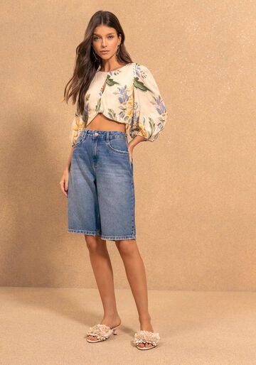 Blusa Cropped Estampada Com Mangas 3/4 E Recortes, SUNFLOWER AMARELO. Blusa Cropped Estampada Com Mangas 3/4 E Recortes, SUNFLOWER AMARELO, large.