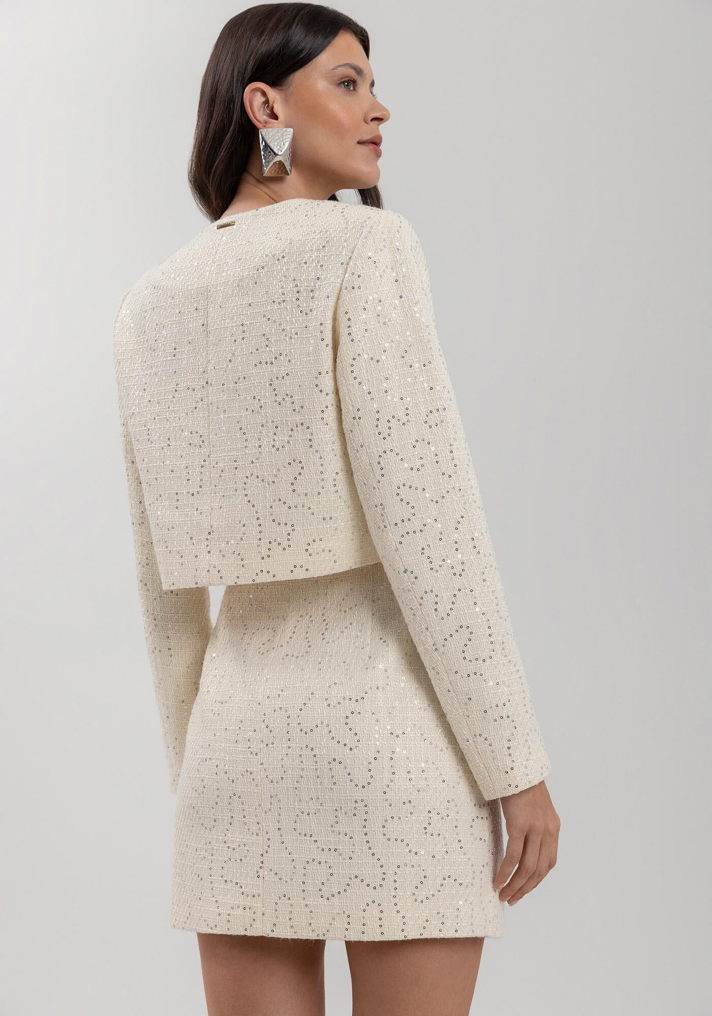 Saia Curta De Cintura Alta Em Tweed Com Paet&ecirc;s, BRANCO OFF WHITE, large.