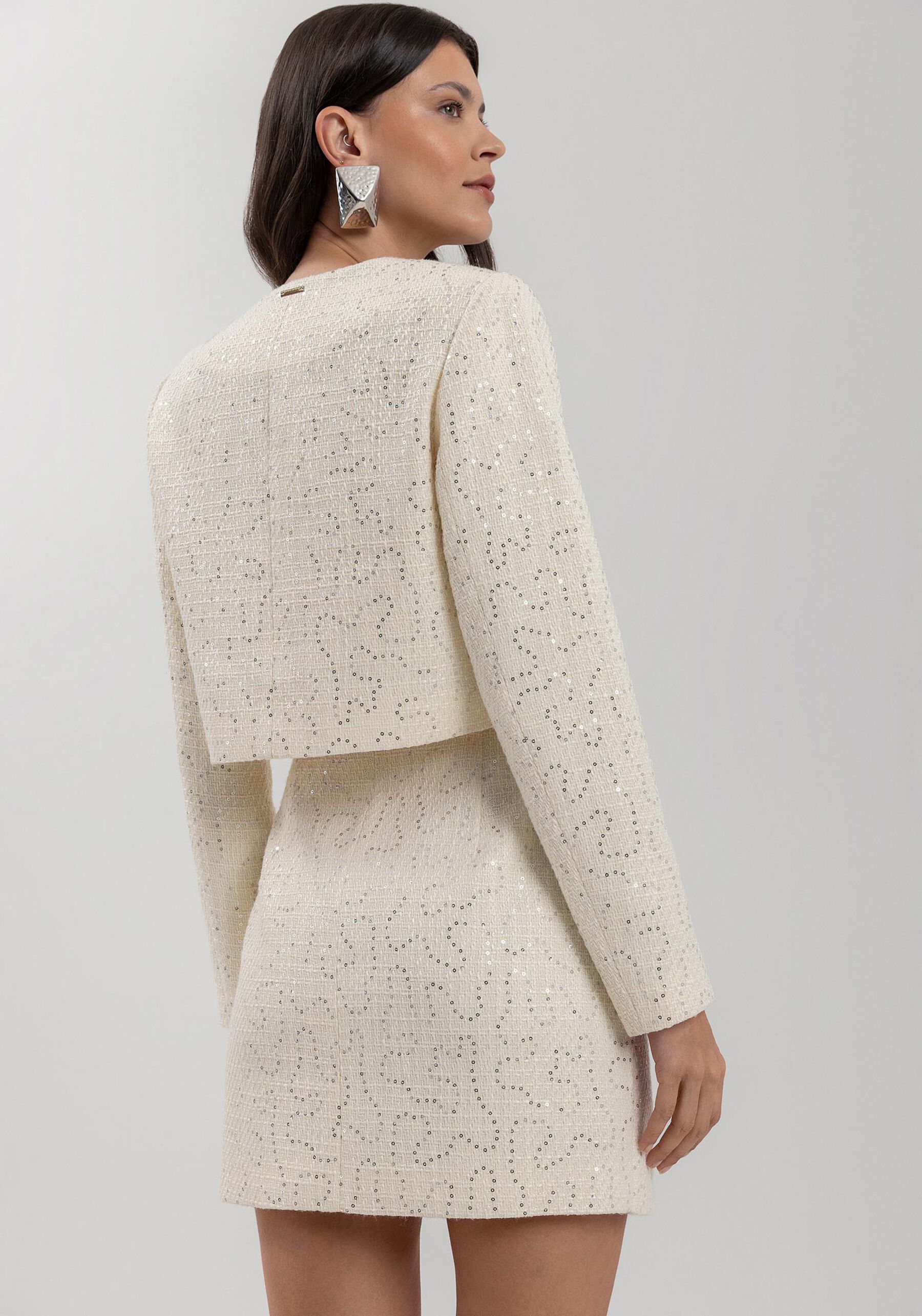 Saia Curta De Cintura Alta Em Tweed Com Paetês, BRANCO OFF WHITE. Saia Curta De Cintura Alta Em Tweed Com Paetês, BRANCO OFF WHITE, large.