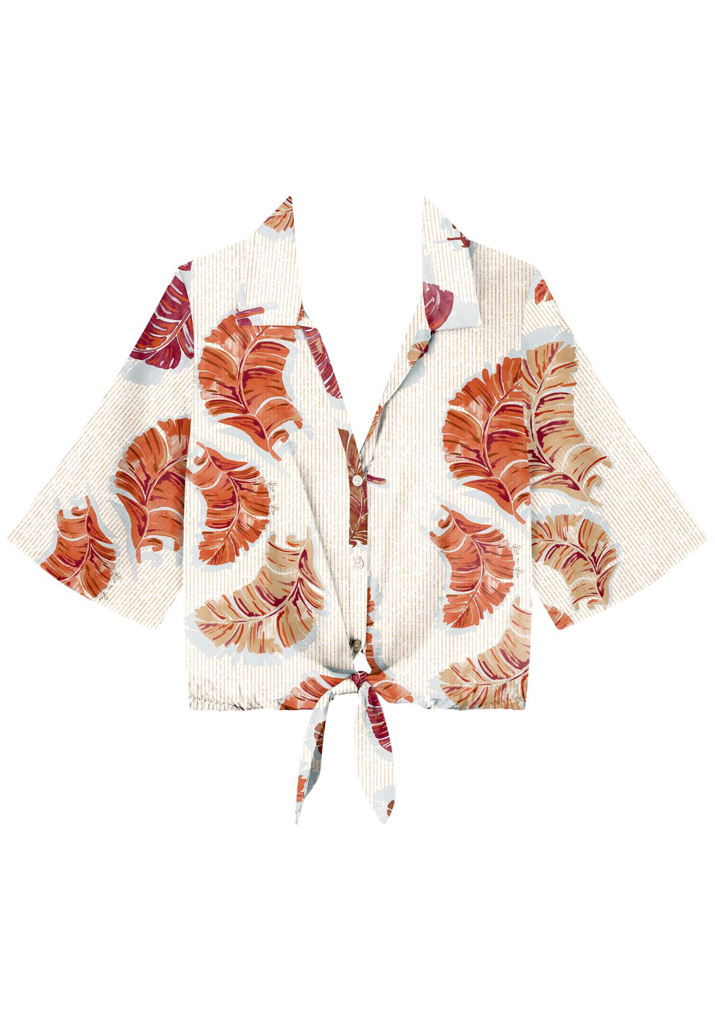 Camisa De Mangas Curtas Estampada Com Bot&otilde;es E Amarra&ccedil;&atilde;o, , large.