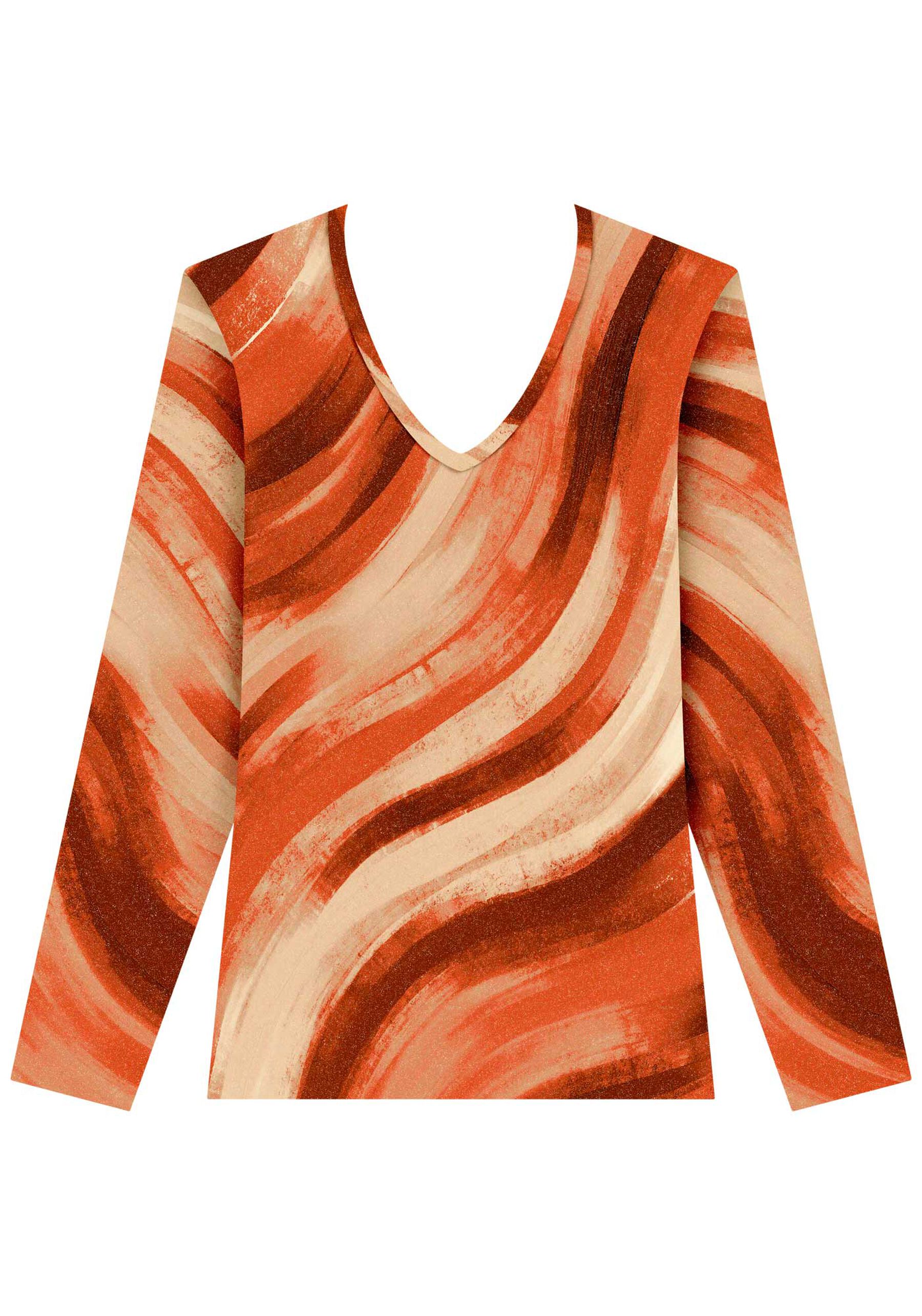Blusa Estampada De Mangas Longas Em Malha De Viscose, ART LARANJA. Blusa Estampada De Mangas Longas Em Malha De Viscose, ART LARANJA, large.
