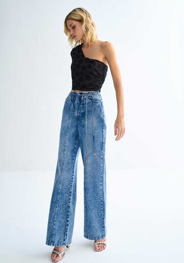 Calça Jeans Wide Leg Cintura Marmorizada com Cinto, JEANS. Calça Jeans Wide Leg Cintura Marmorizada com Cinto, JEANS, large.