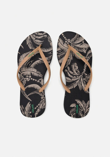 Chinelo Feminino Estampado Com Tiras Finas, COQUEIRO PRETO. Chinelo Feminino Estampado Com Tiras Finas, COQUEIRO PRETO, large.