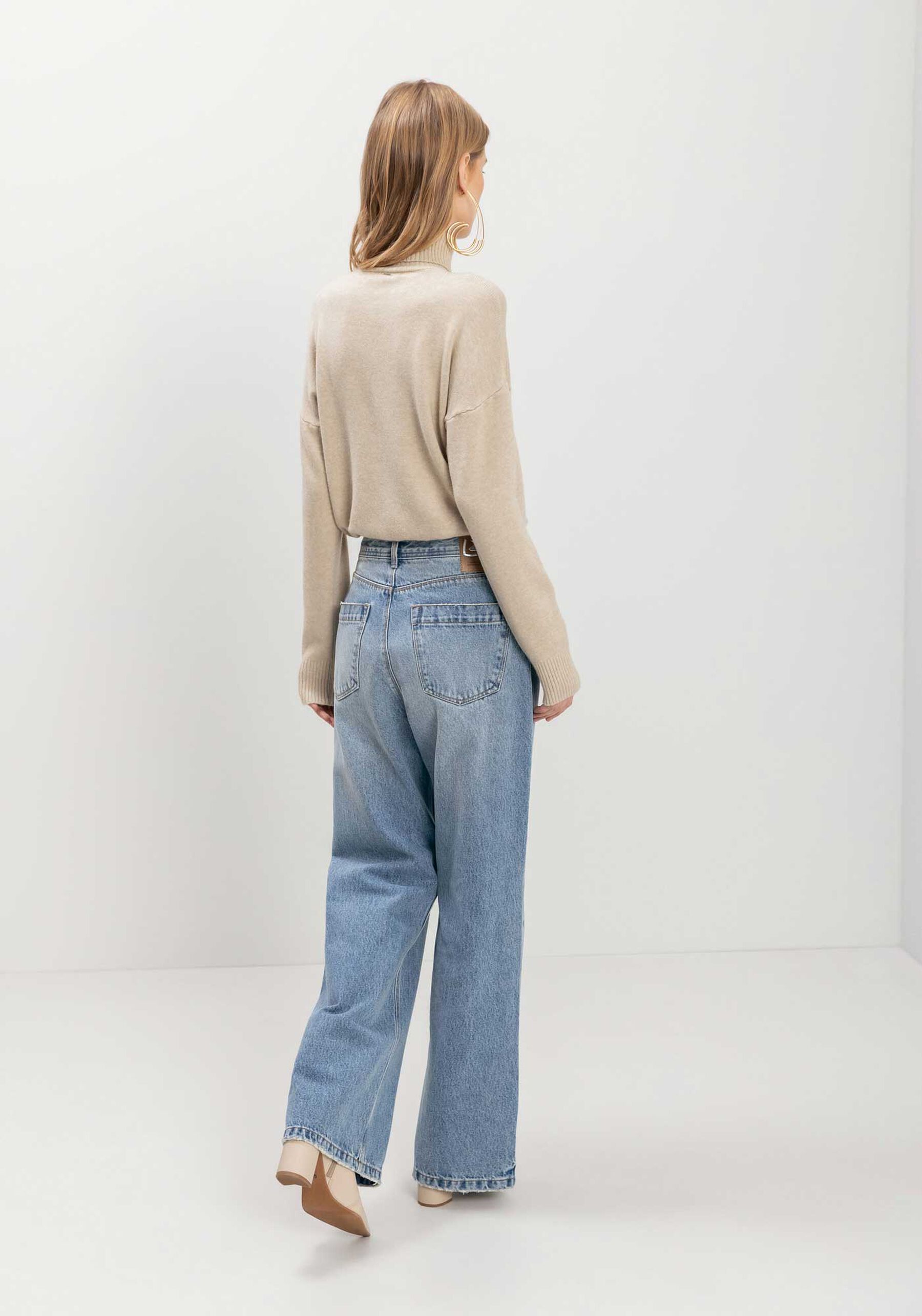 Calça Wide Leg Jeans Com Cintura Alta E Bolsos, JEANS. Calça Wide Leg Jeans Com Cintura Alta E Bolsos, JEANS, large.