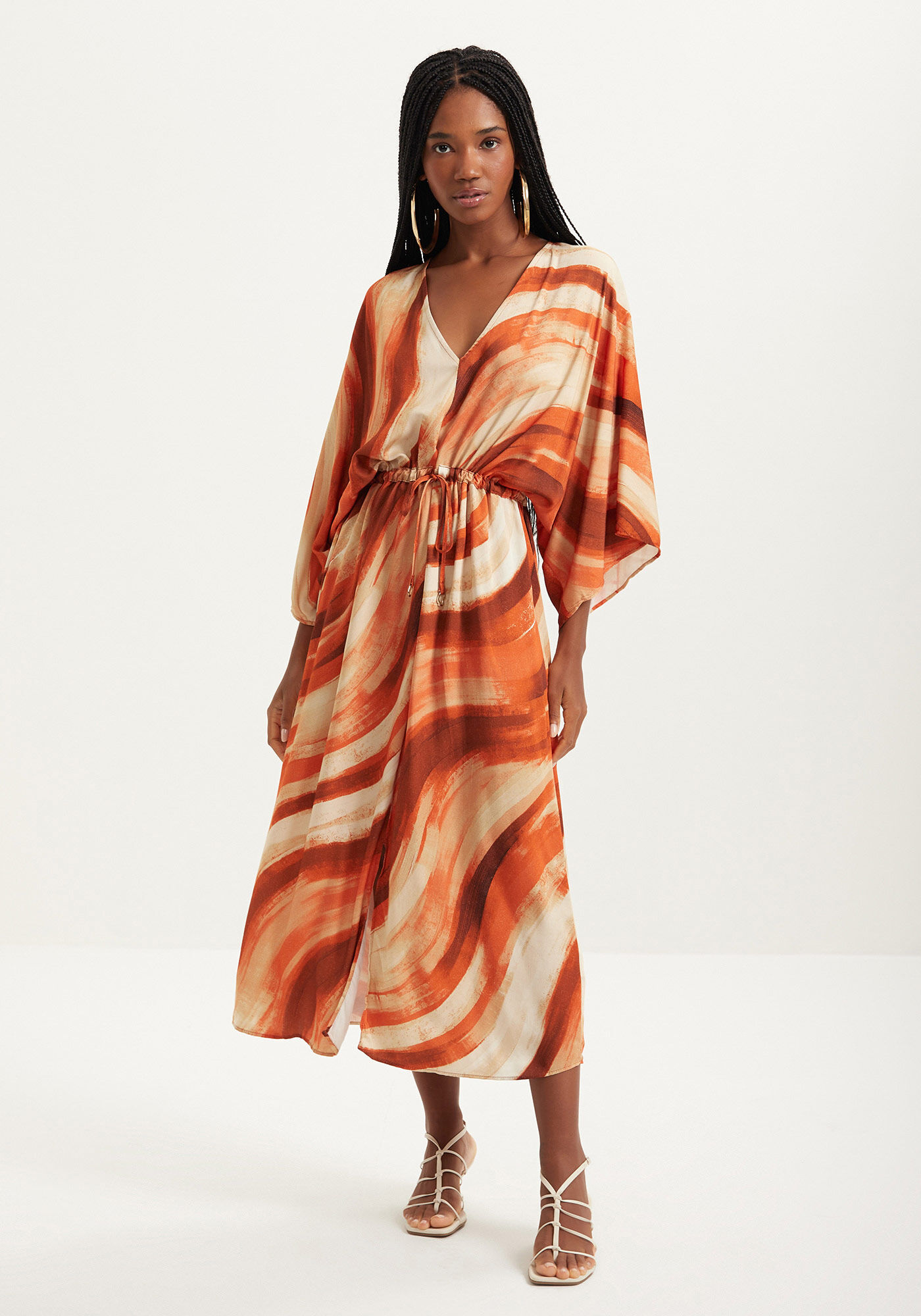 Vestido Midi Estampado Com Mangas 3/4 E Fenda, ART LARANJA, large.