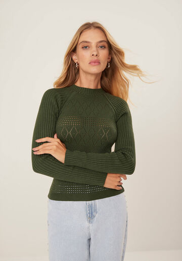 Blusa Manga Longa em Tricô com Detalhe Trama, VERDE IMENSIDAO. Blusa Manga Longa em Tricô com Detalhe Trama, VERDE IMENSIDAO, large.