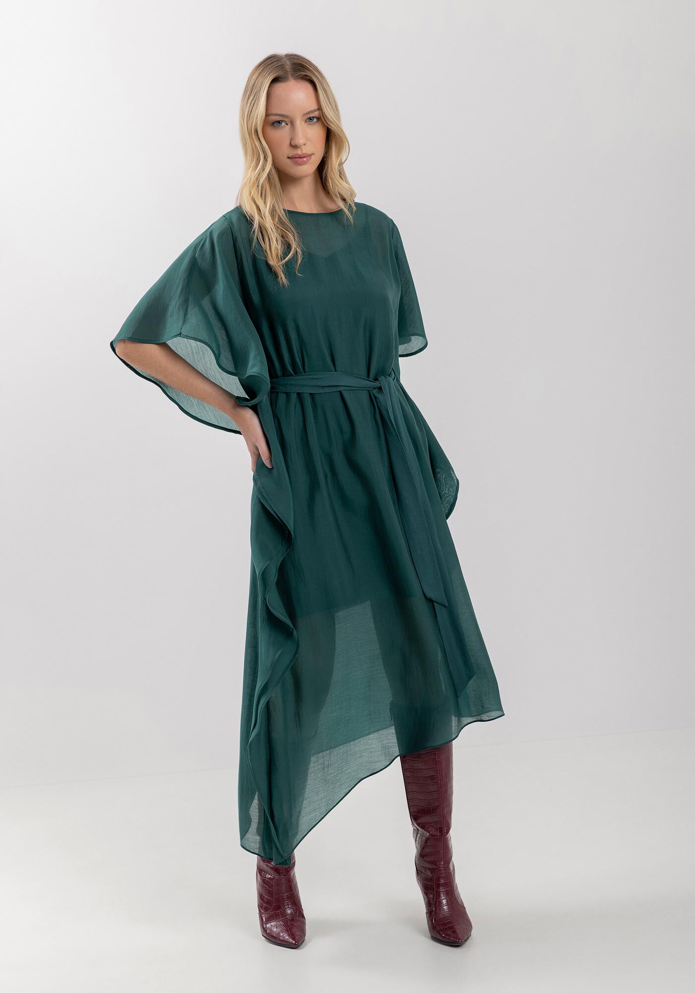 Vestido Midi Ch&aacute; Com Mangas Amplas E Transpar&ecirc;ncia, VERDE CERES, large.