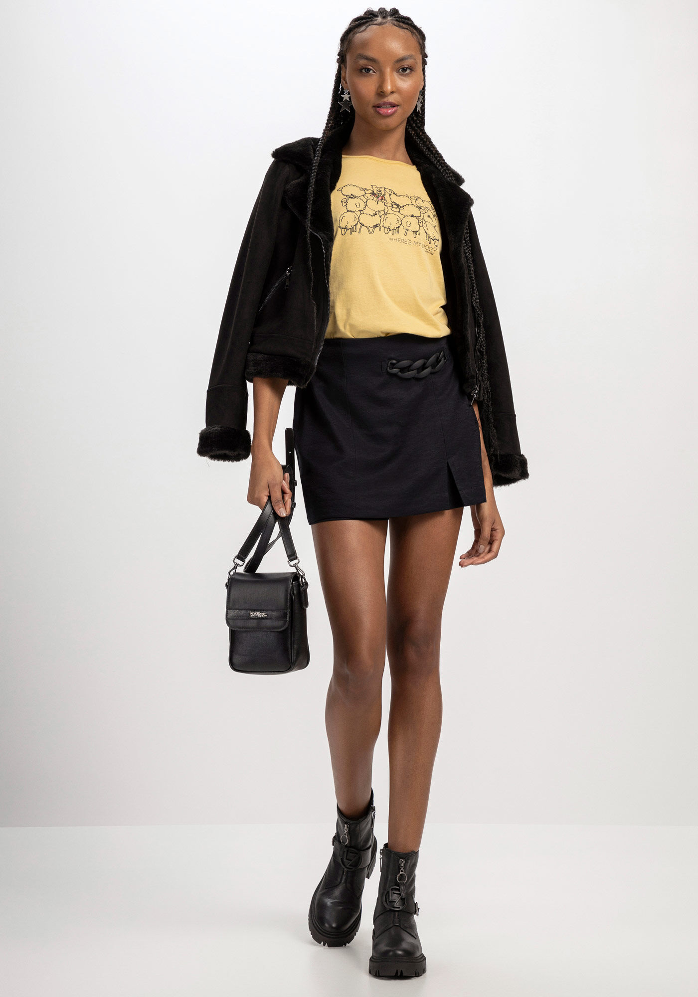 T-shirt em Malha com Estampa Ovelhas, AMARELO ANTIQUE MOSS, large.