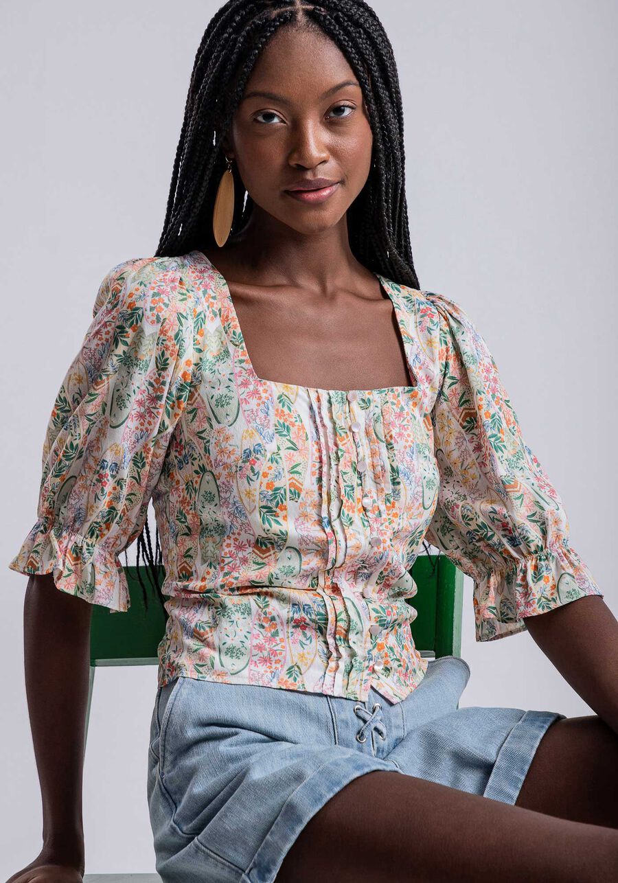 Blusa Decote Quadrado em Viscose com Nervuras, . Blusa Decote Quadrado em Viscose com Nervuras, , large.