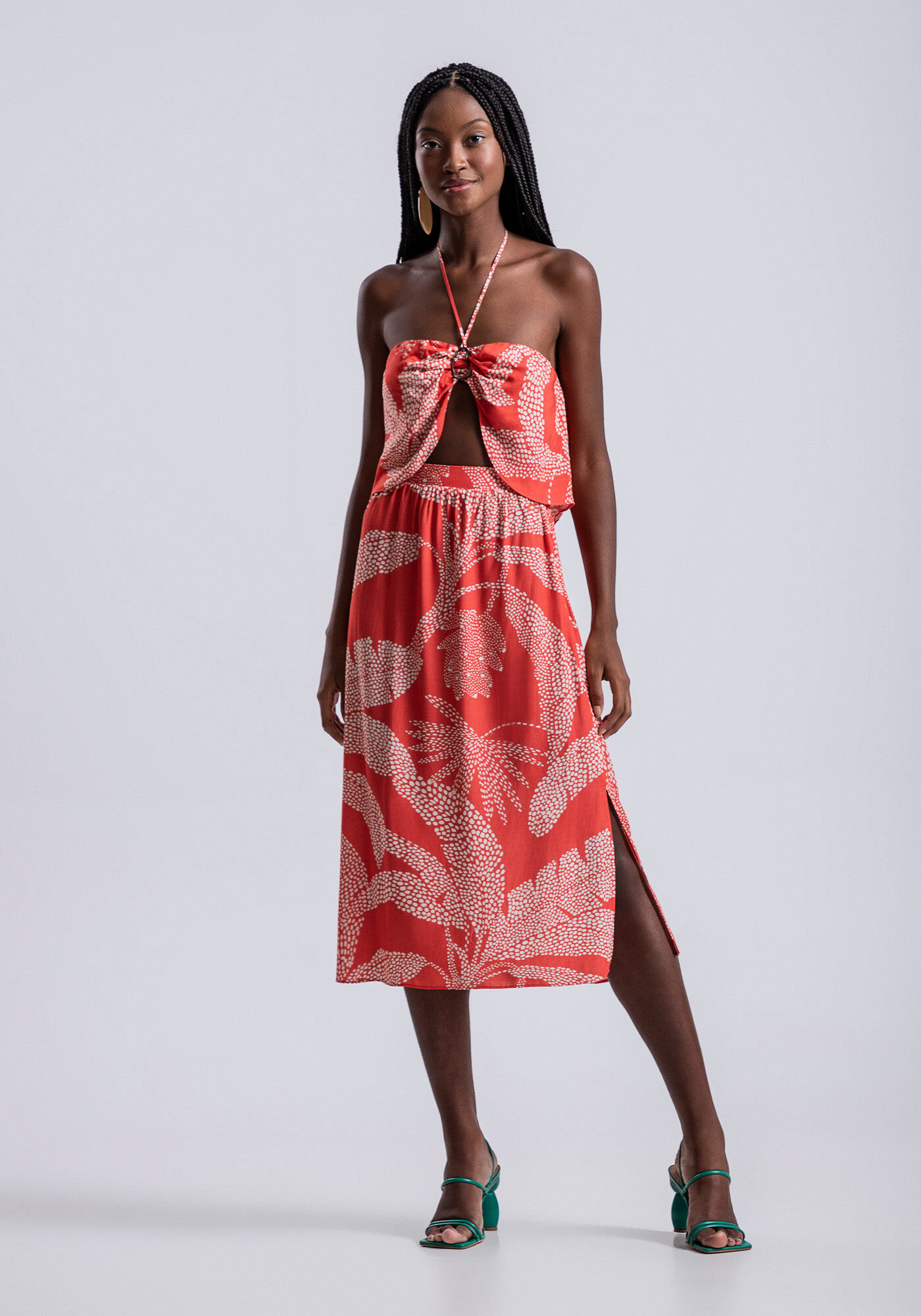 Saia Midi Estampada em Viscose com Fenda, , large.