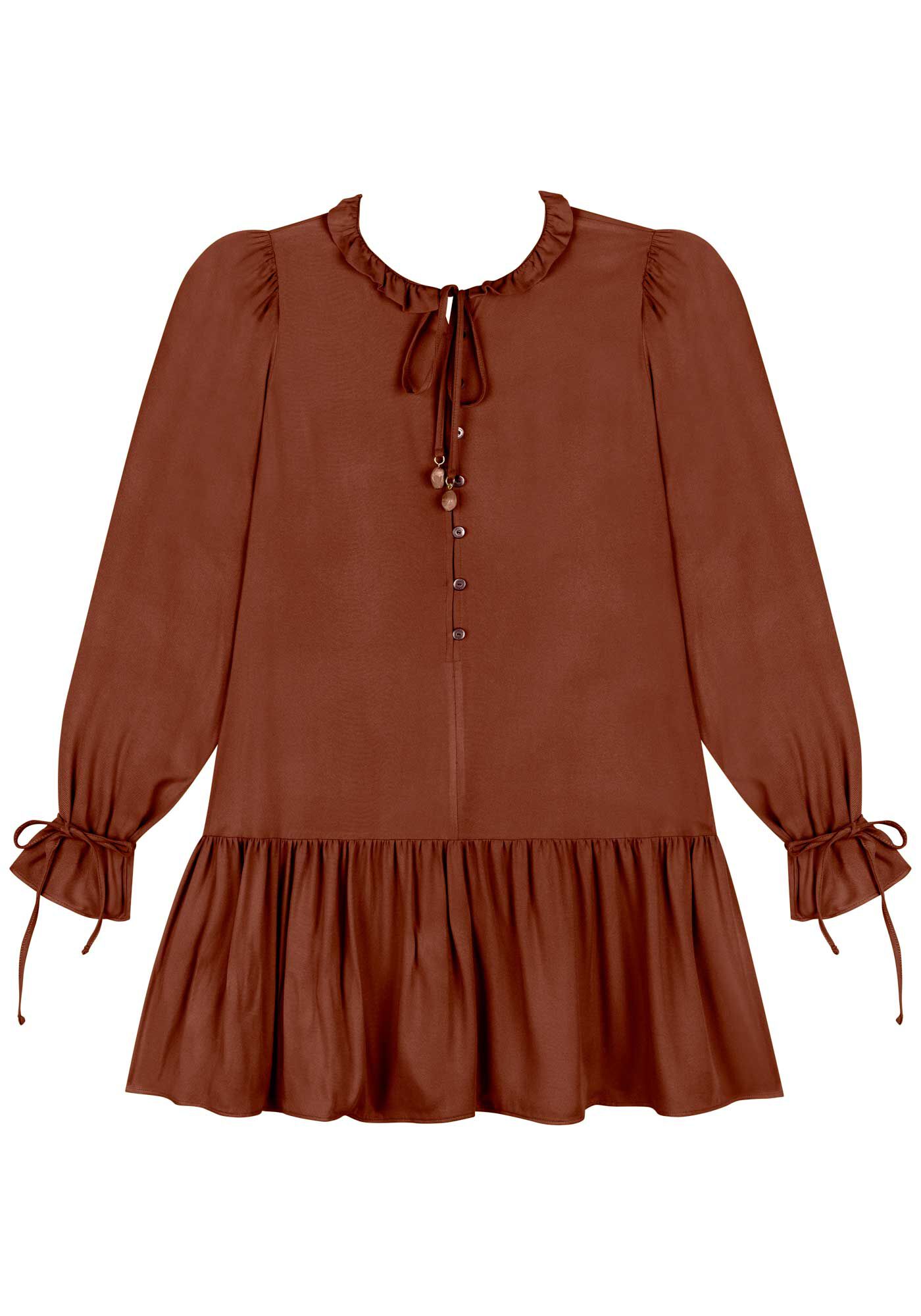 Vestido Curto De Manga Longa Com Babados E Amarra&ccedil;&otilde;es, , large.