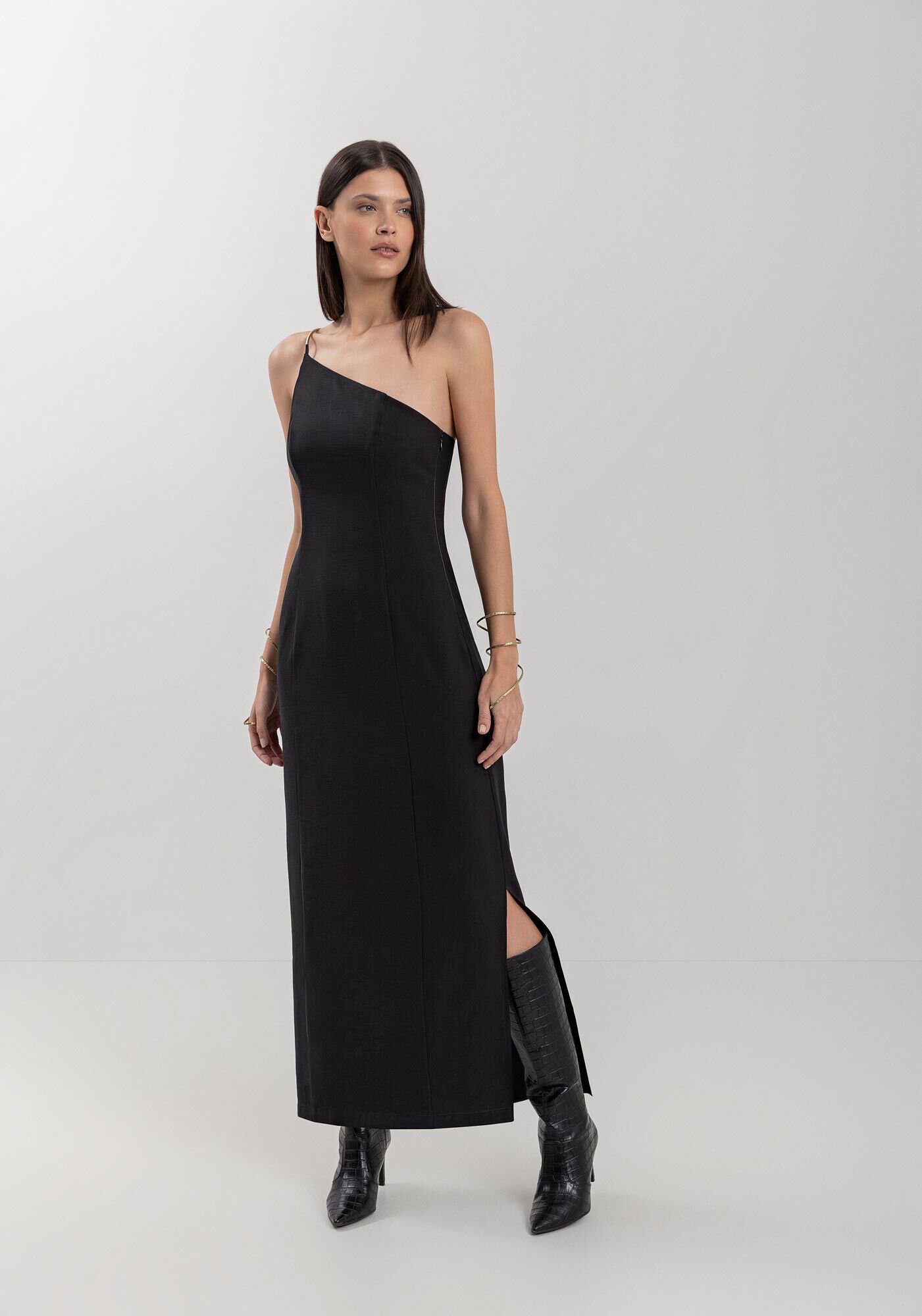 Vestido Longo Al&ccedil;a &Uacute;nica Com Detalhe Metalizado, , large.