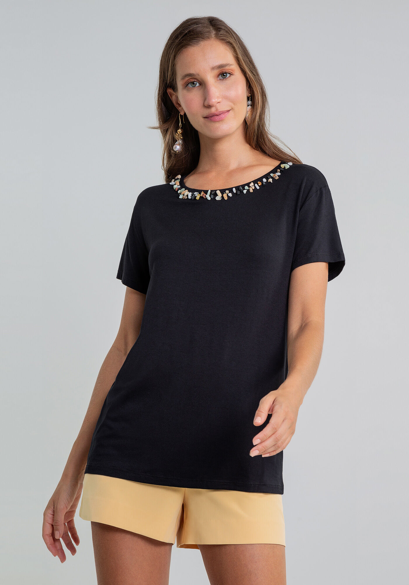 Blusa Manga Curta Bordado Decote Branco Off White, , large.