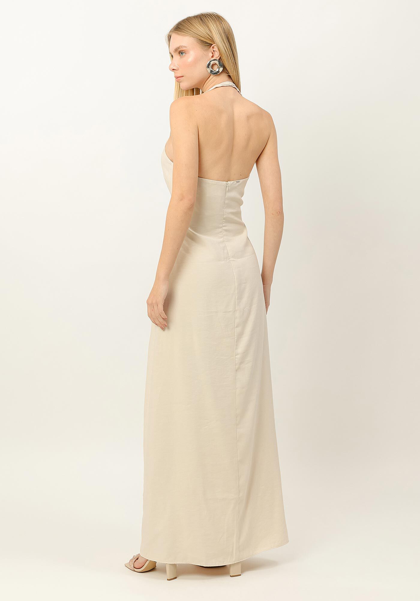 Vestido Longo Frente &Uacute;nica com Pedraria, BEGE CAQUI, large.