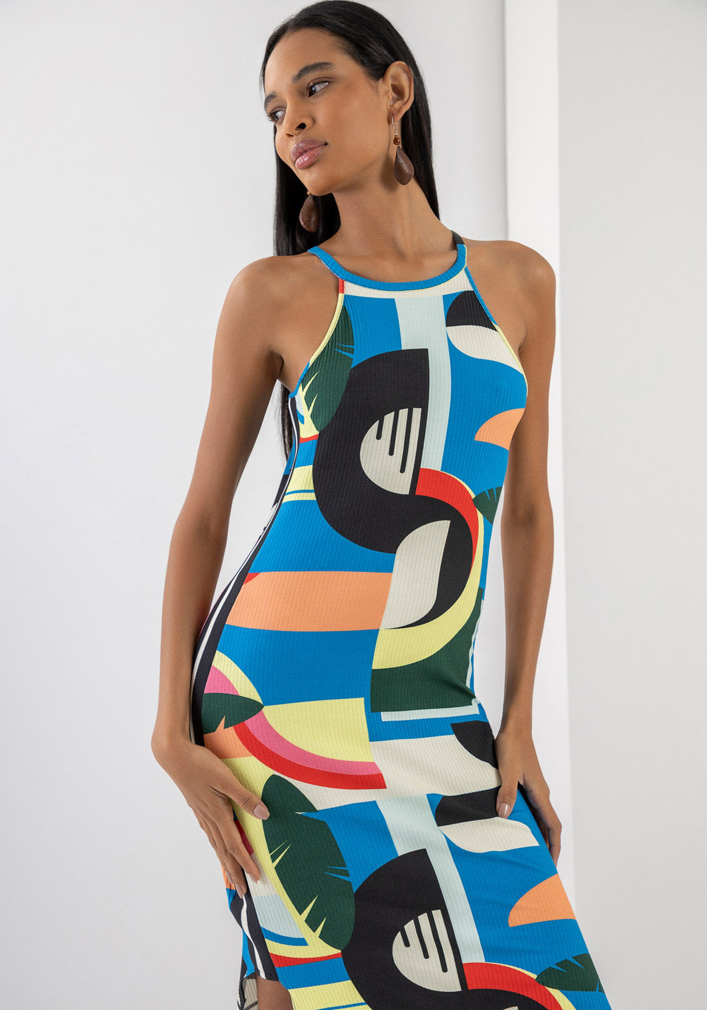 Vestido Midi Canelado Estampado com Recorte Lateral, , large.