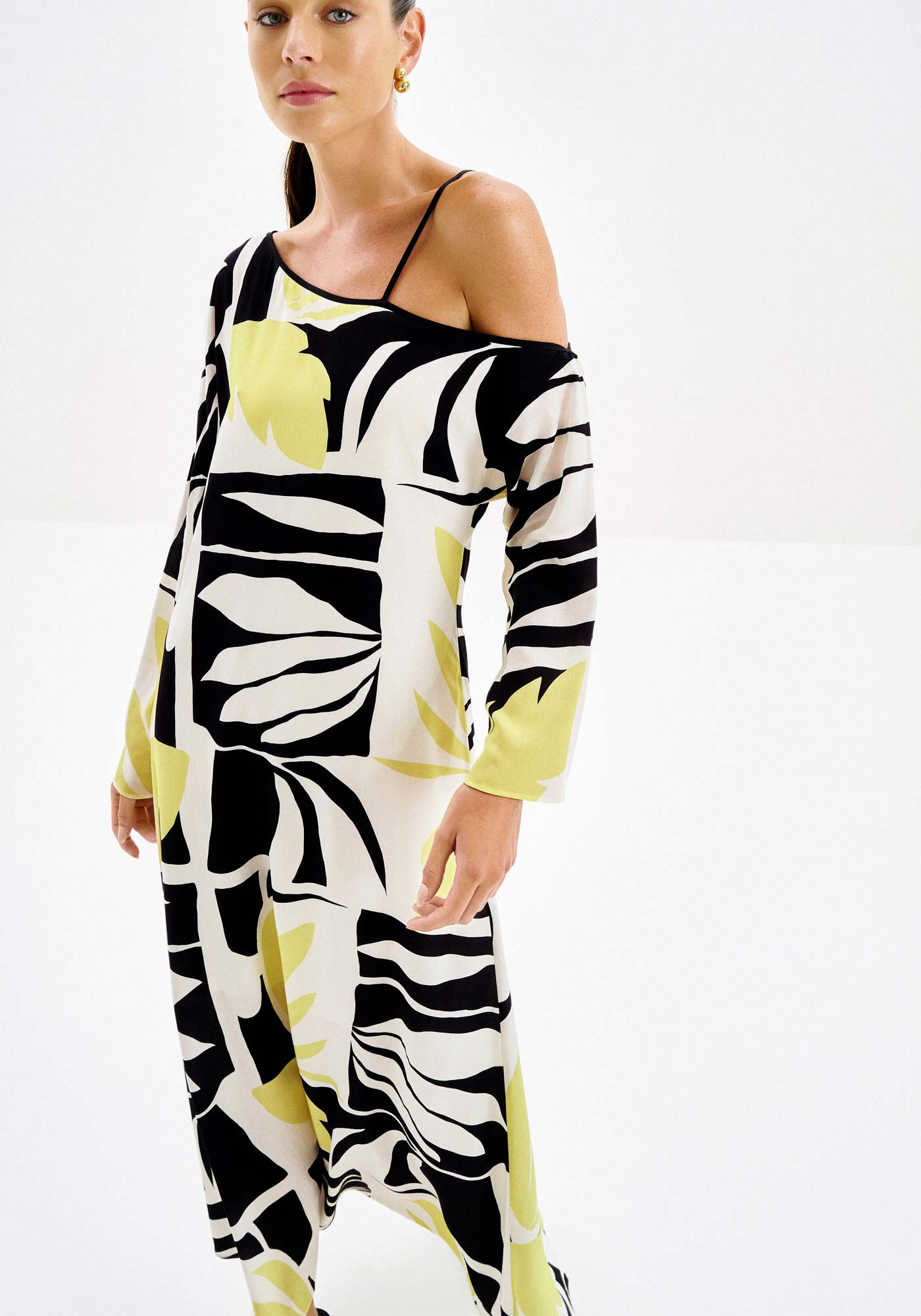 Vestido Midi Estampado com Decote Assim&eacute;trico, LENCO, large.