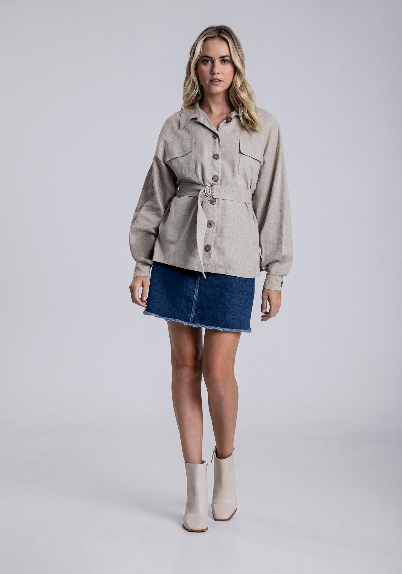 Camisa em Linho com Bolsos e Cinto, , large.