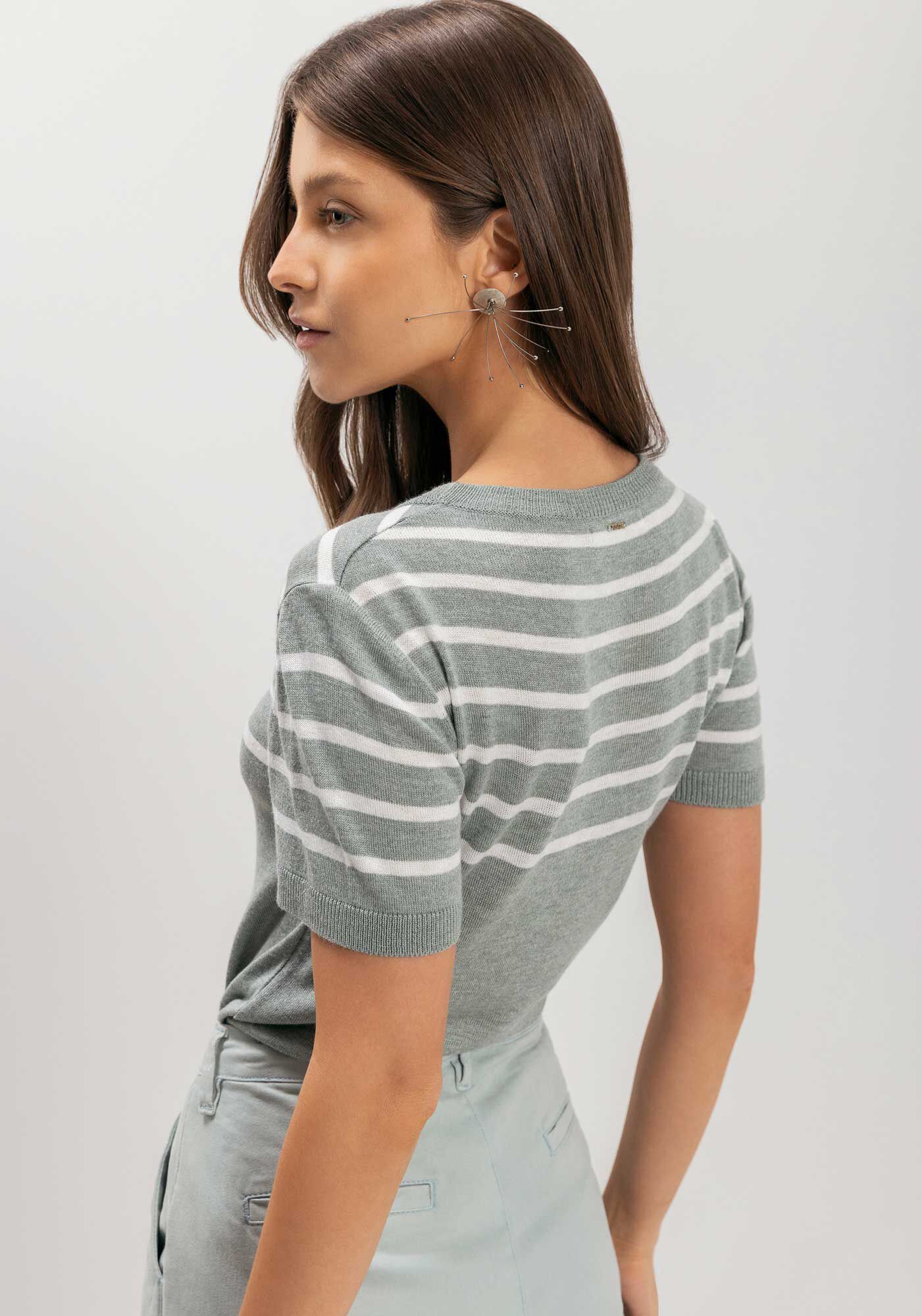 Blusa De Mangas Curtas Em Tric&ocirc; Com Gola Redonda, , large.