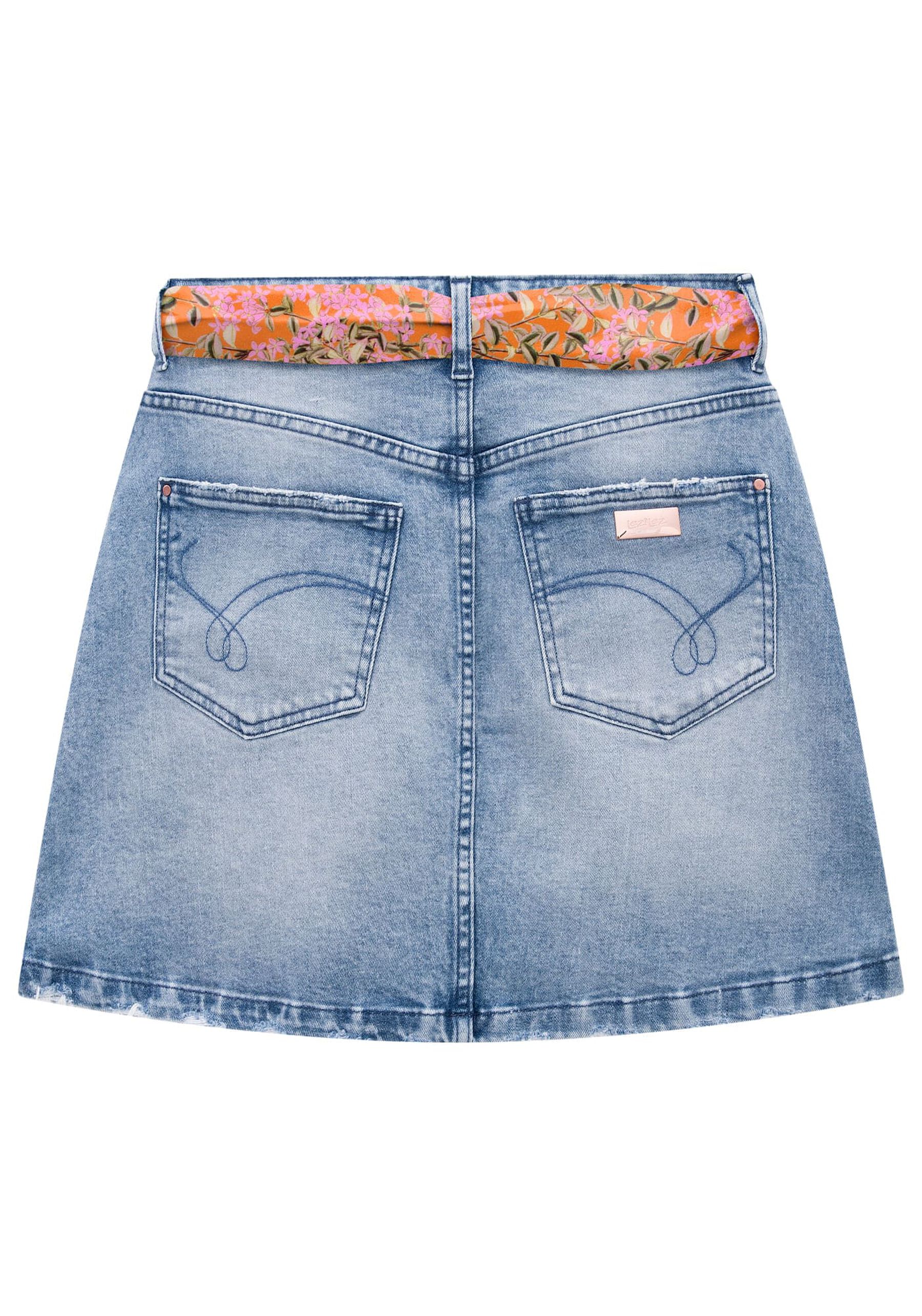 Saia Curta Jeans com Faixa Estampada, JEANS. Saia Curta Jeans com Faixa Estampada, JEANS, large.