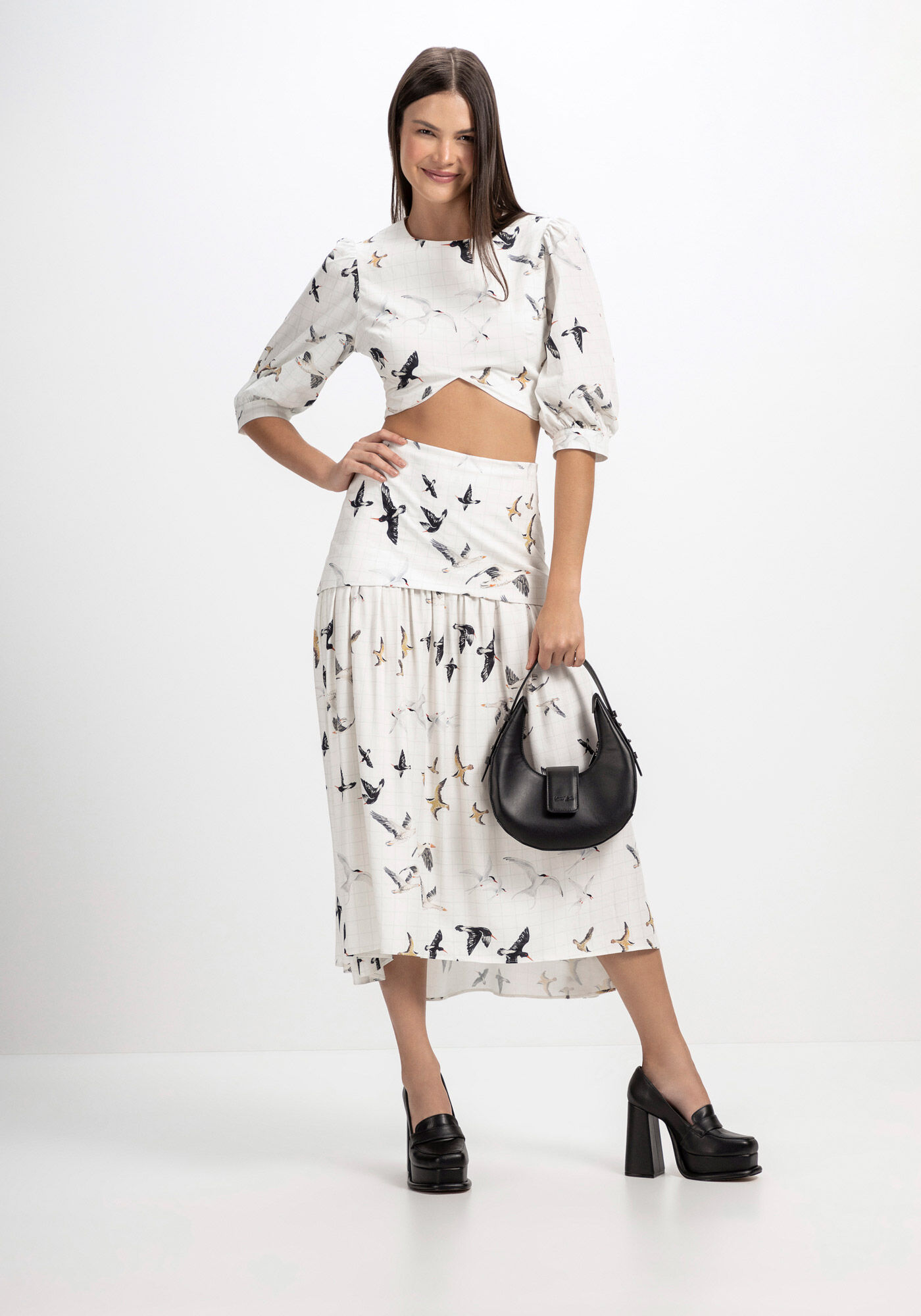 Saia Midi Estampada em Crepe com Sobreposi&ccedil;&atilde;o, PASSAROS, large.