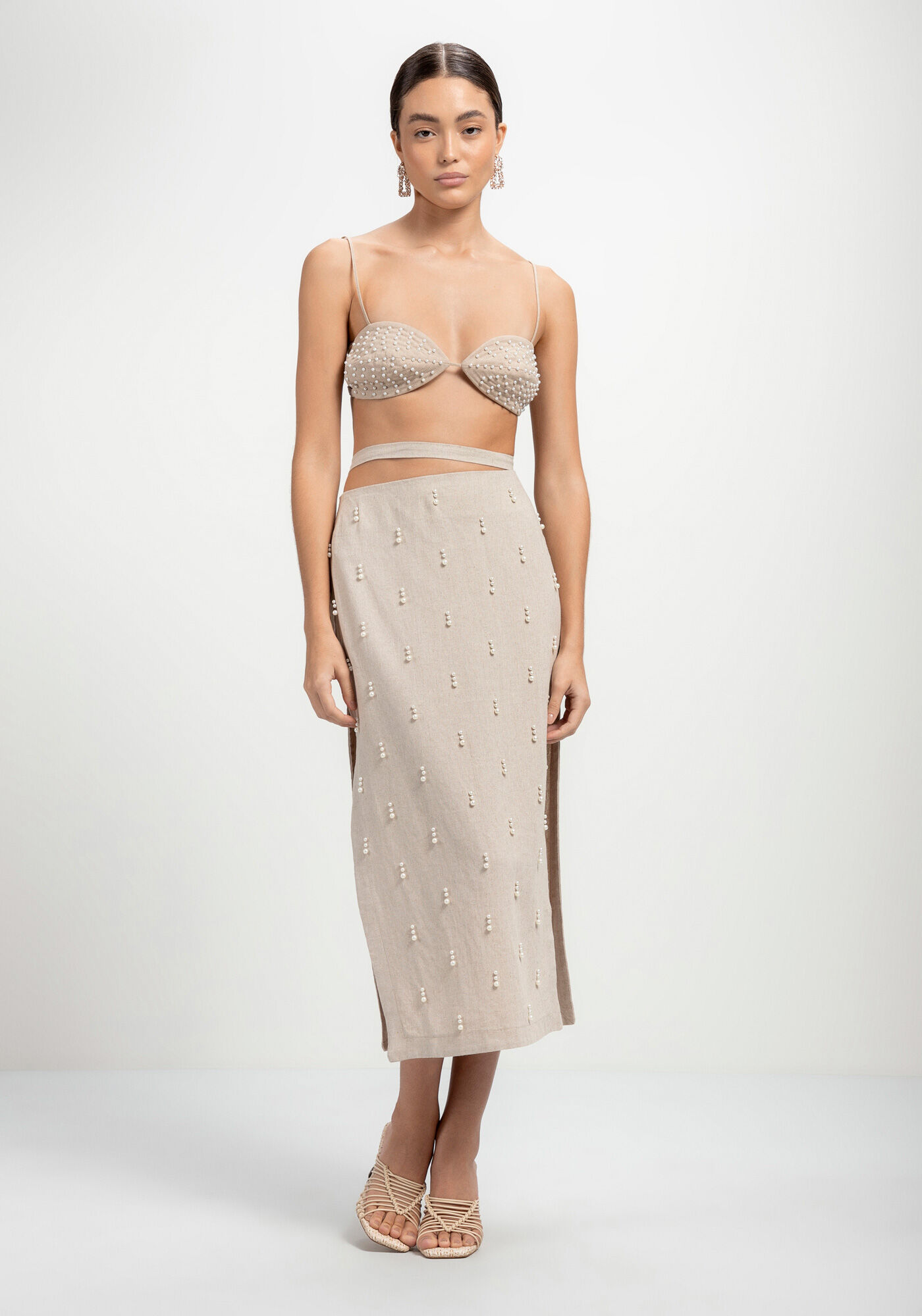 Saia Midi L&aacute;pis em Linho com P&eacute;rolas, BEGE ARISONA, large.
