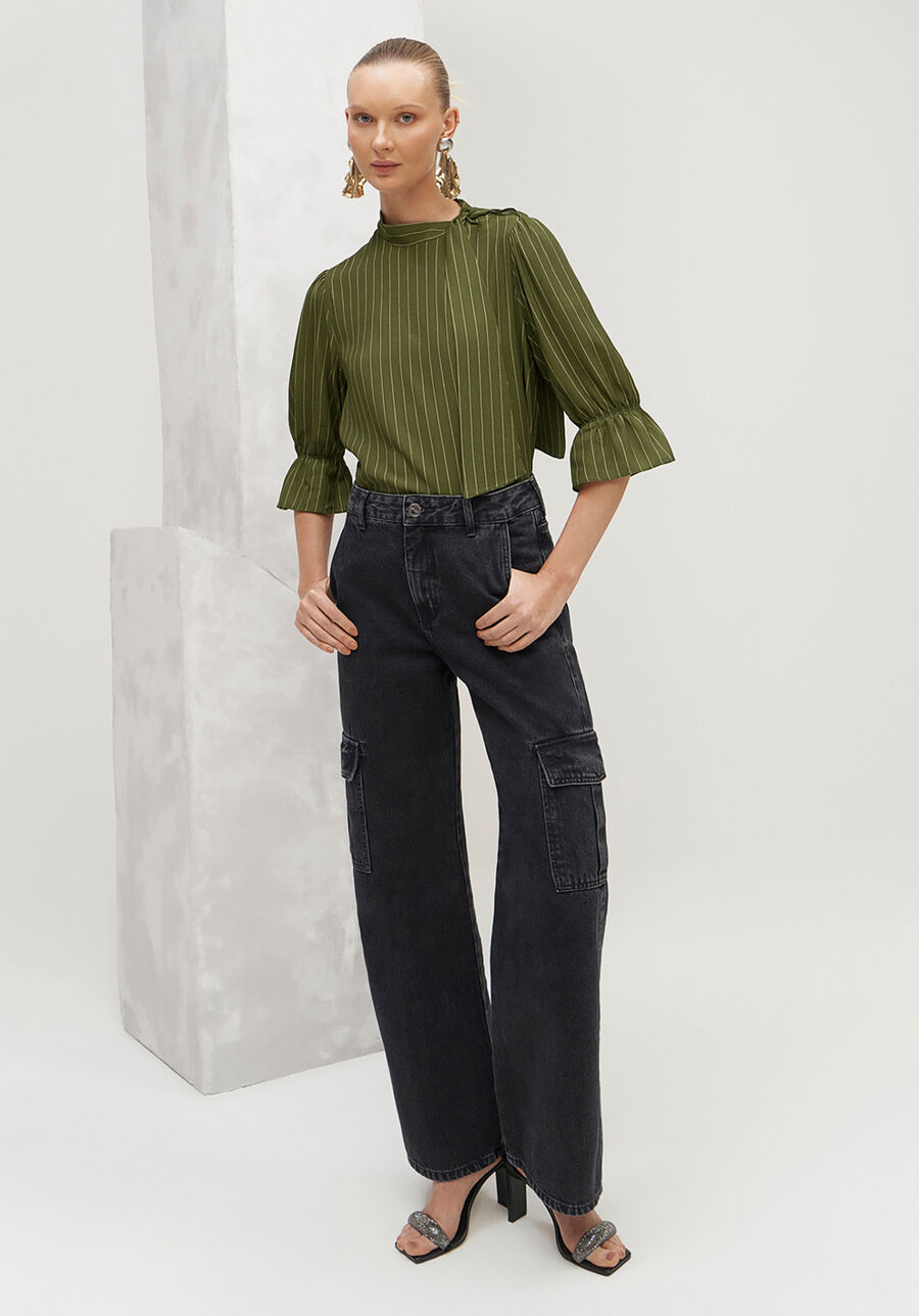 Blusa Manga 3/4 em Viscose com Amarração Gola, . Blusa Manga 3/4 em Viscose com Amarração Gola, , large.