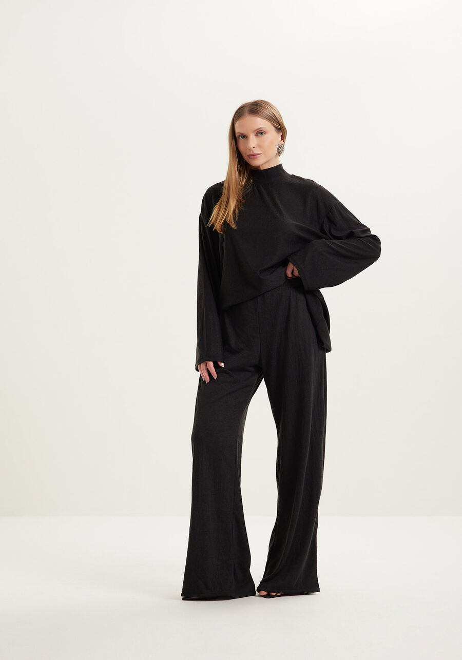 Calça Pantalona De Cintura Alta Em Malha Rústica, PRETO. Calça Pantalona De Cintura Alta Em Malha Rústica, PRETO, large.