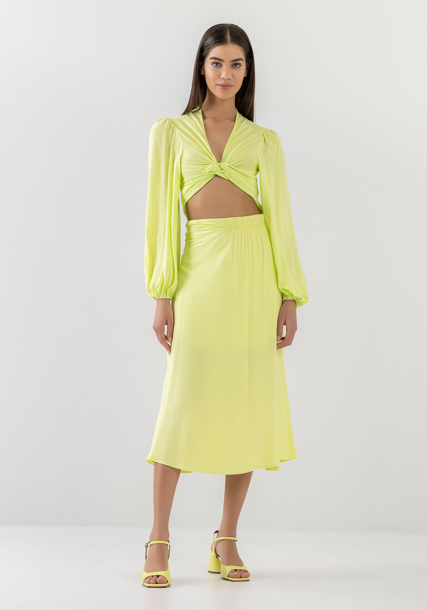 Saia Midi em Viscose com Detalhe Franzido, AMARELO PINA COLADA, large.