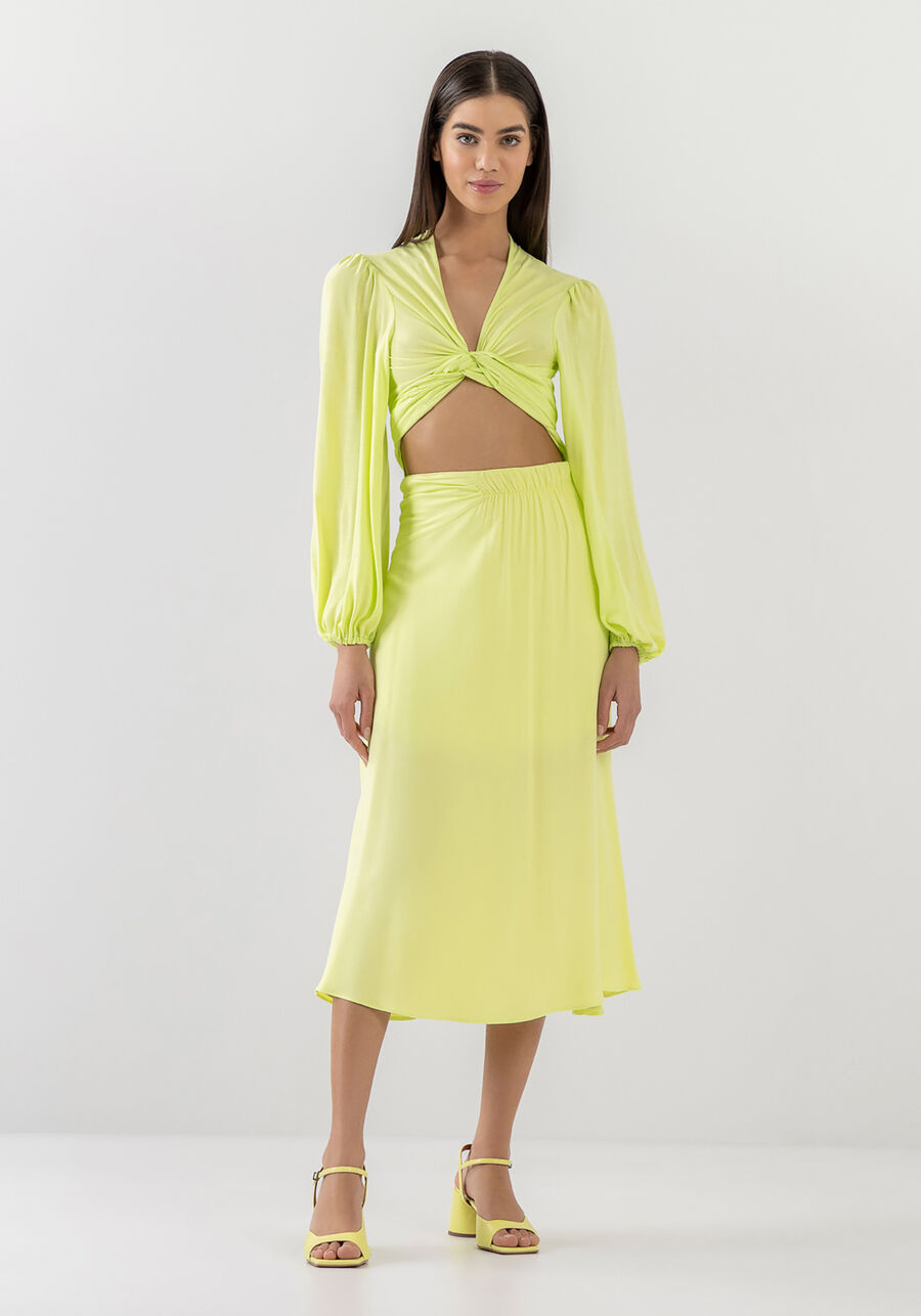 Saia Midi em Viscose com Detalhe Franzido, AMARELO PINA COLADA. Saia Midi em Viscose com Detalhe Franzido, AMARELO PINA COLADA, large.