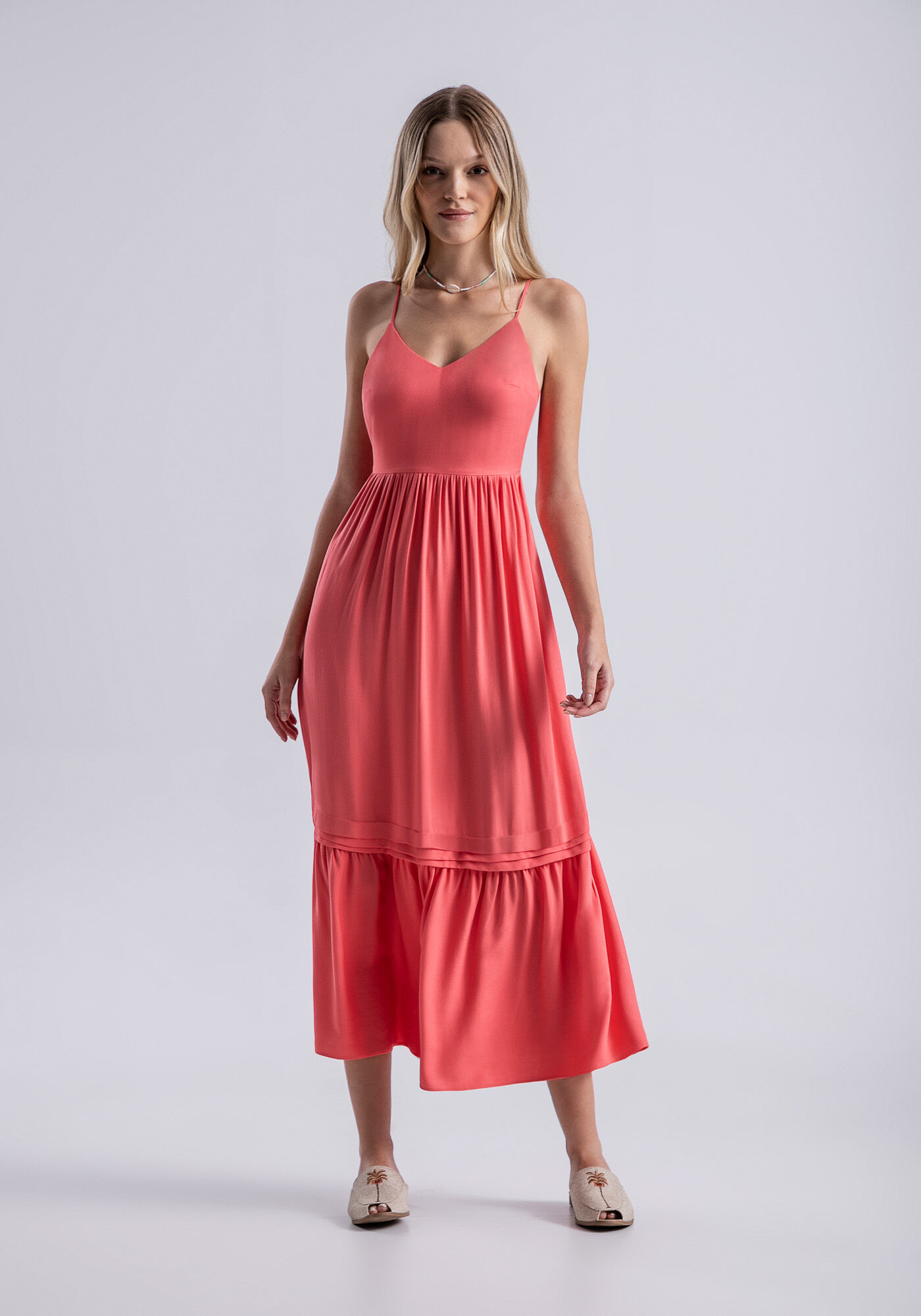 Vestido Midi em Viscose com Babado e Costas Abertas, SALMAO MELANIE, large.