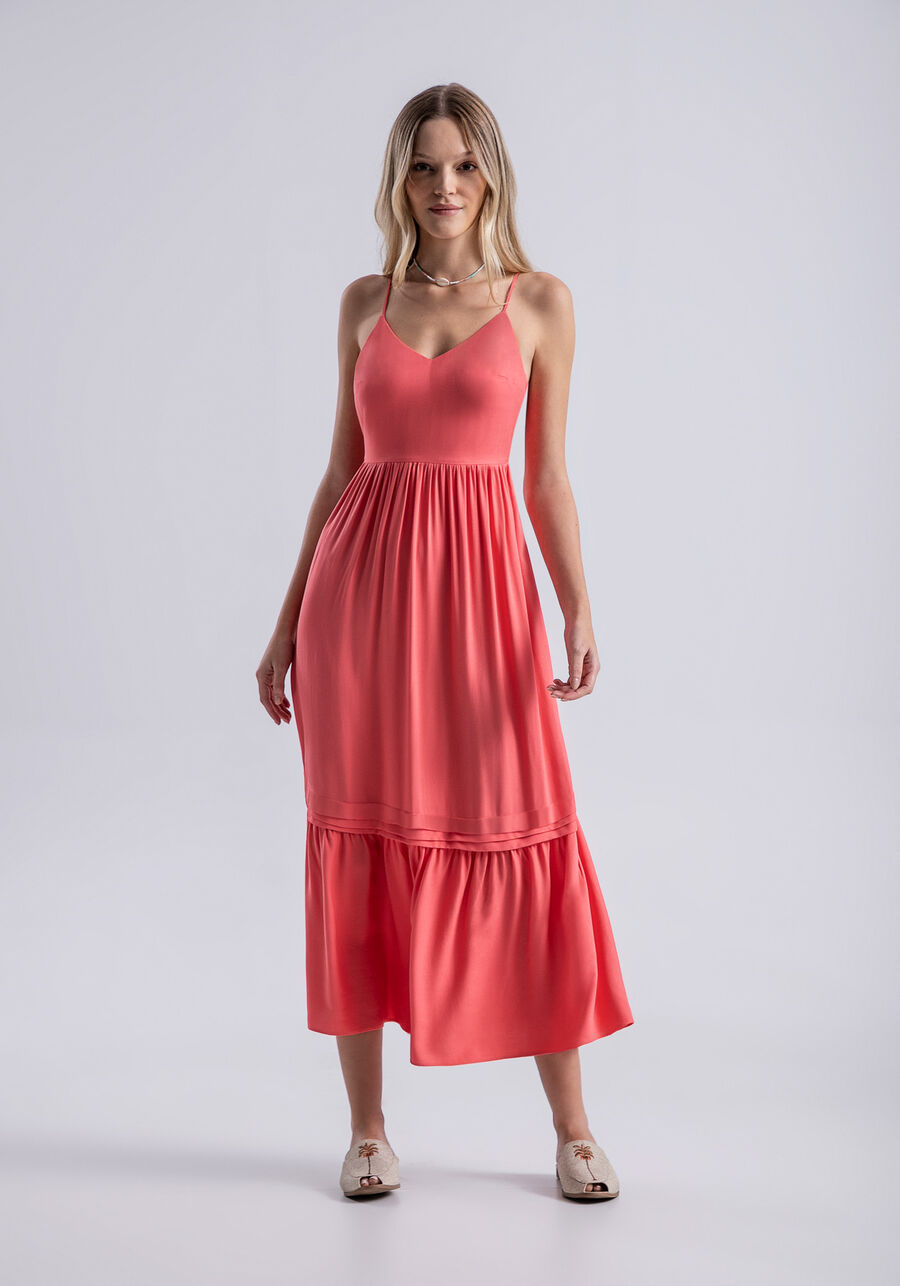 Vestido Midi em Viscose com Babado e Costas Abertas, SALMAO MELANIE. Vestido Midi em Viscose com Babado e Costas Abertas, SALMAO MELANIE, large.