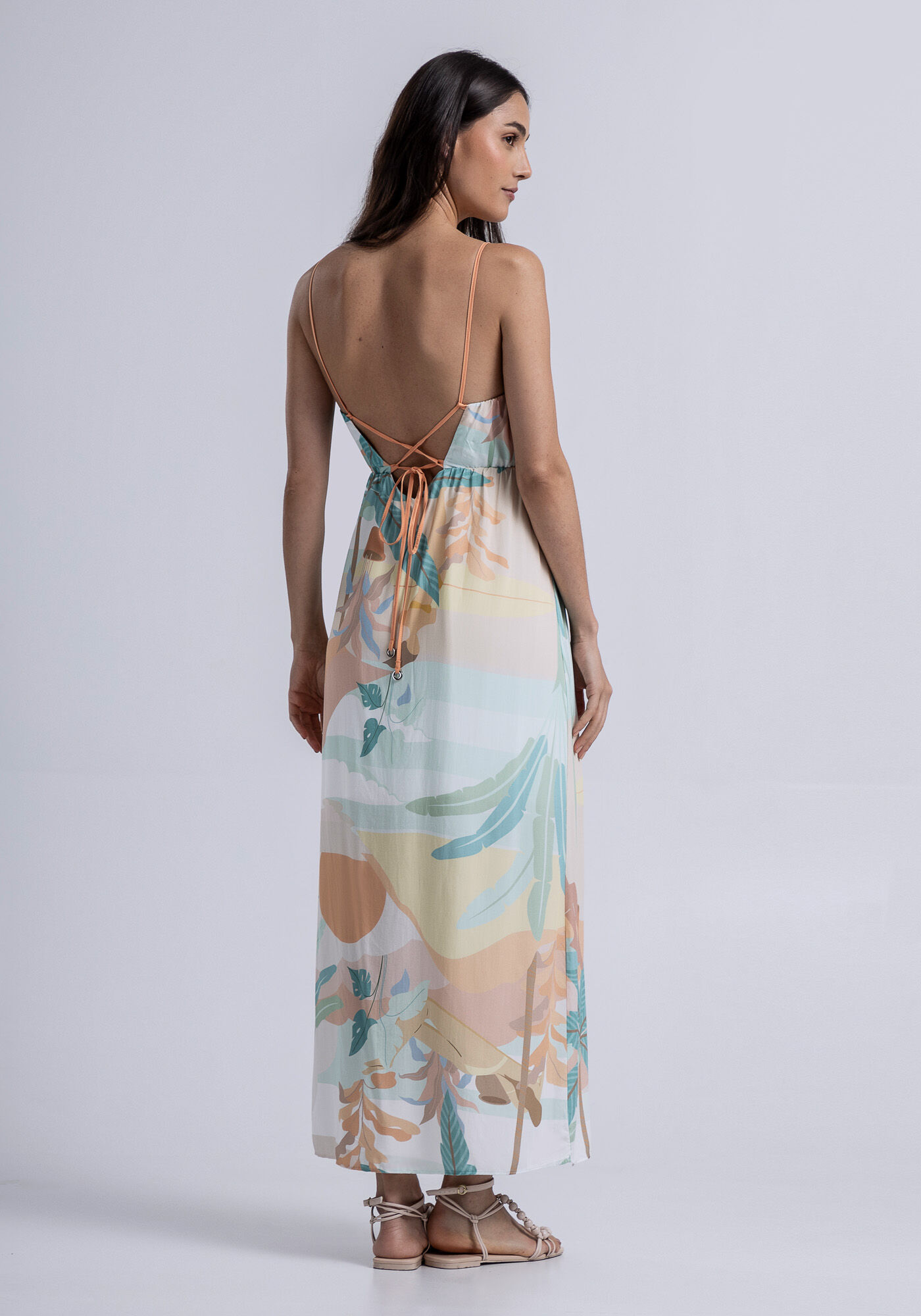 Vestido Midi Estampado em Viscose com Tiras, PRAIA DA CONCHA, large.