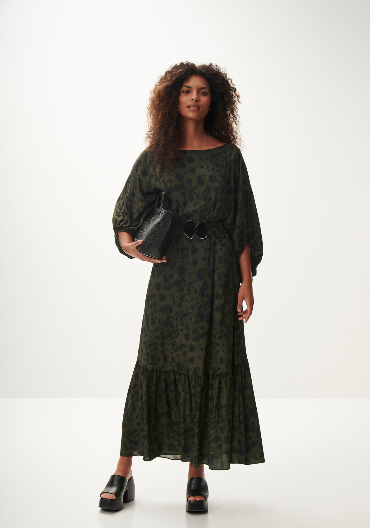 Vestido Midi Manga 3/4 Estampado com Cinto, FOREST, large.