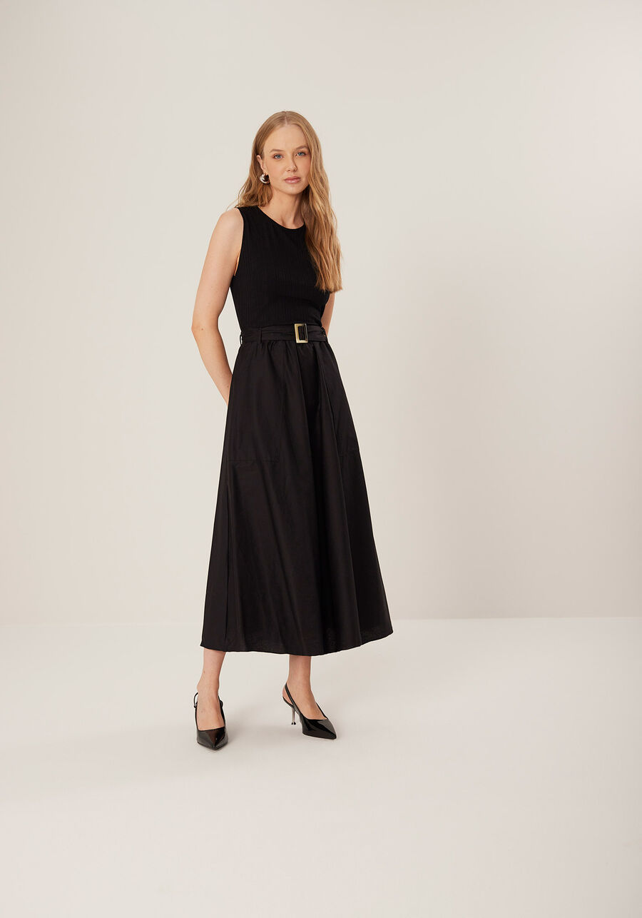 Vestido Midi Chá Em Tafetá De Algodão Com Faixa Afivelada, . Vestido Midi Chá Em Tafetá De Algodão Com Faixa Afivelada, , large.