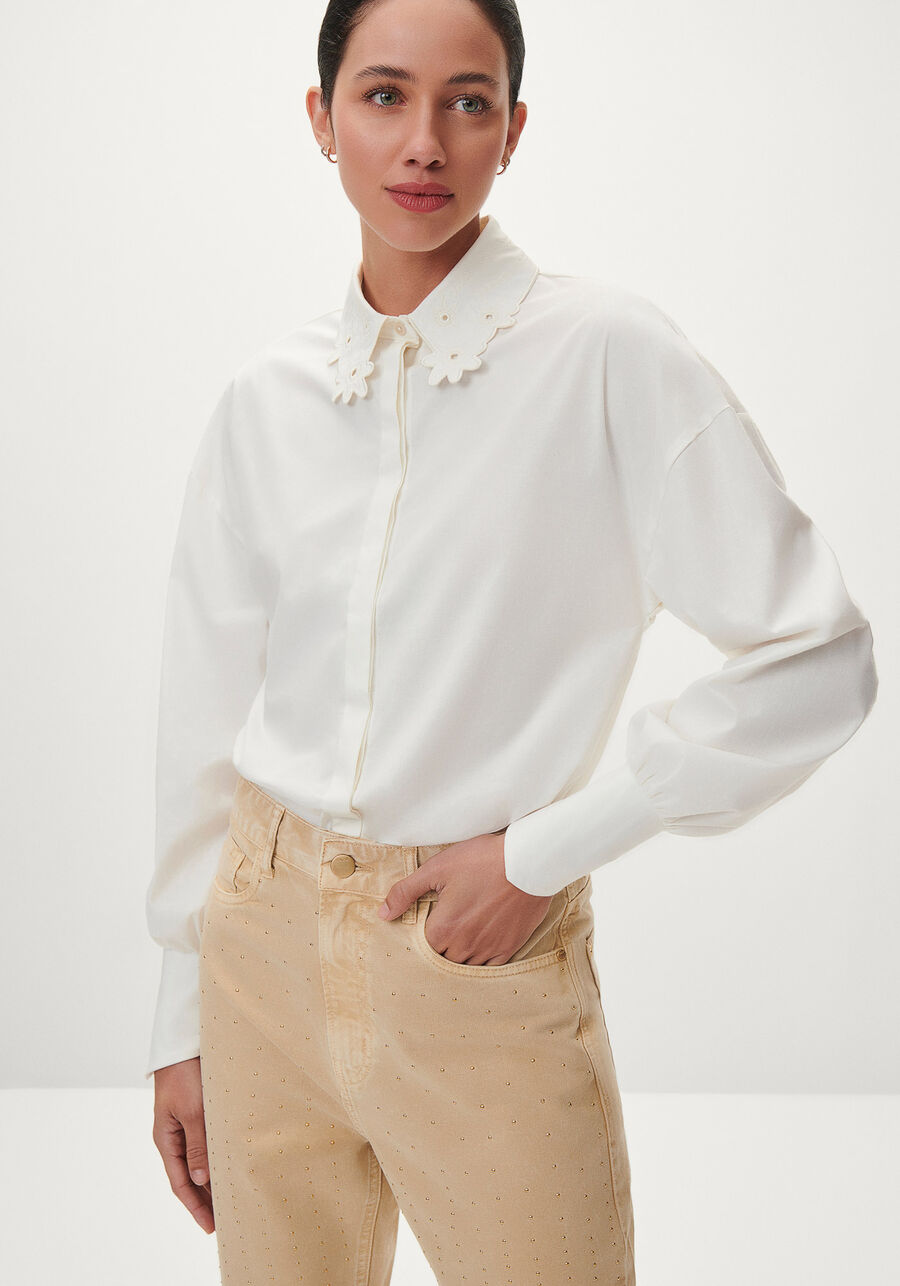 Camisa Manga Longa com Flores Gola, . Camisa Manga Longa com Flores Gola, , large.