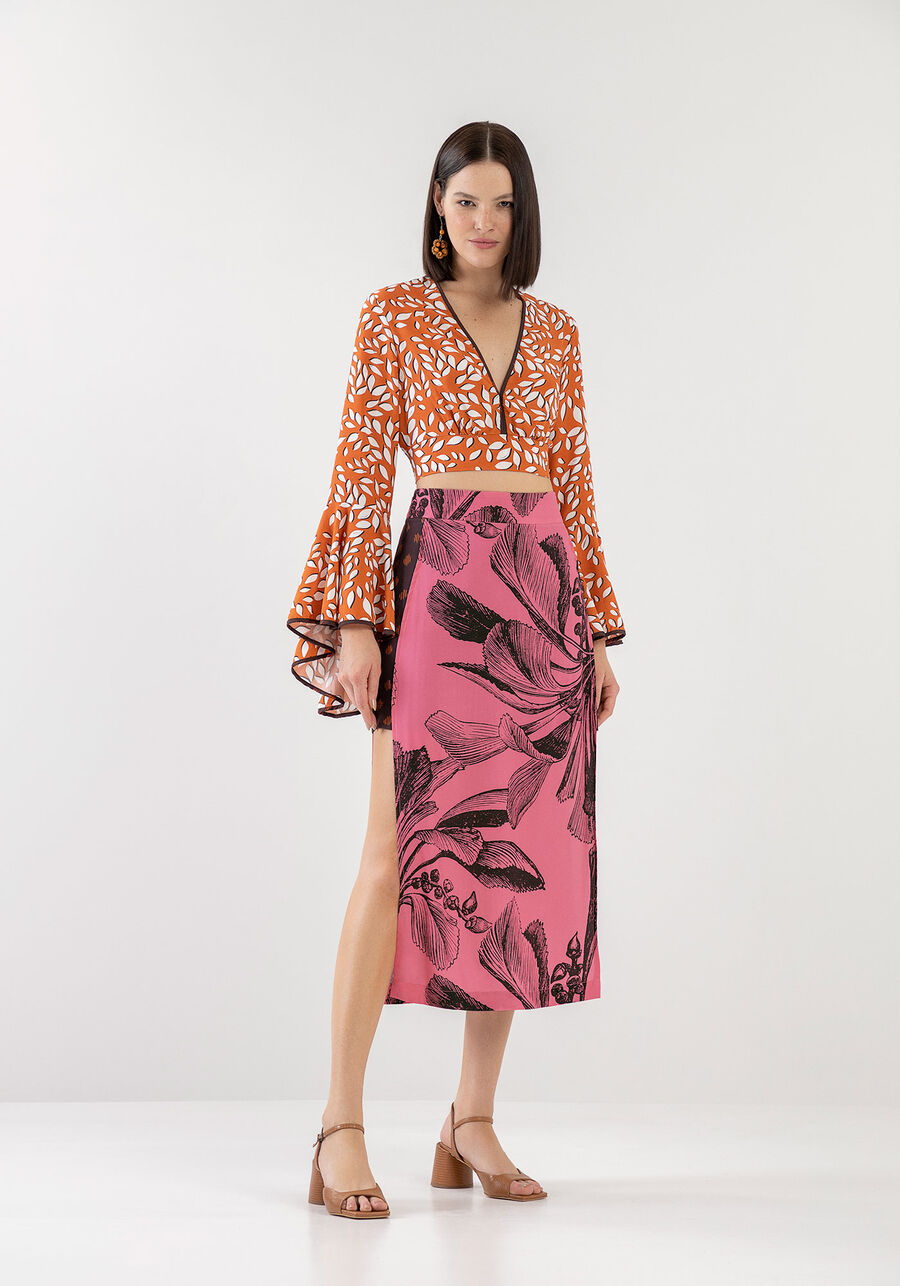 Saia Midi Estampada em Viscose Sobreposta, DOSSEL. Saia Midi Estampada em Viscose Sobreposta, DOSSEL, large.