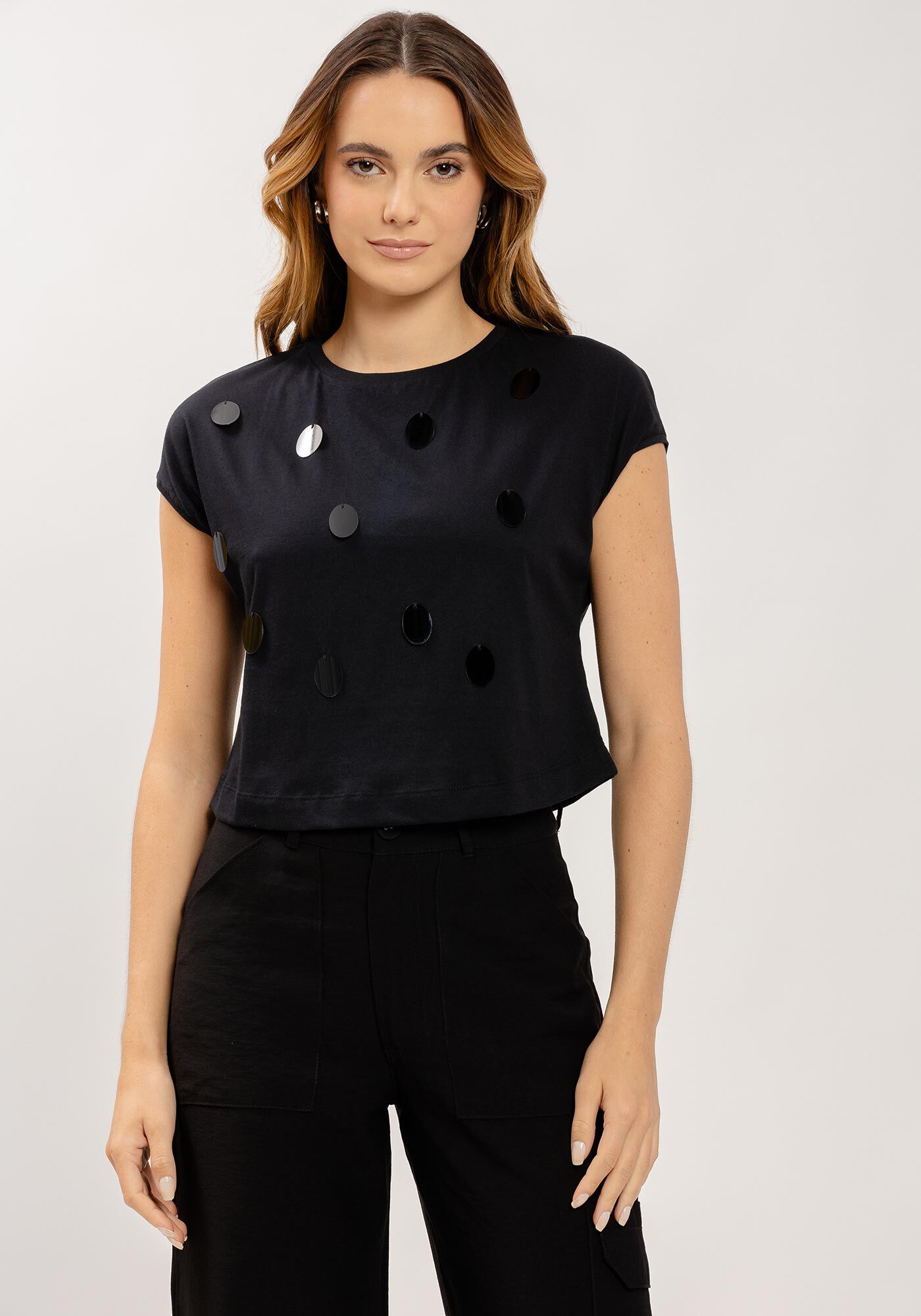 T-shirt em Malha com M&aacute;xi Paet&ecirc;s, , large.