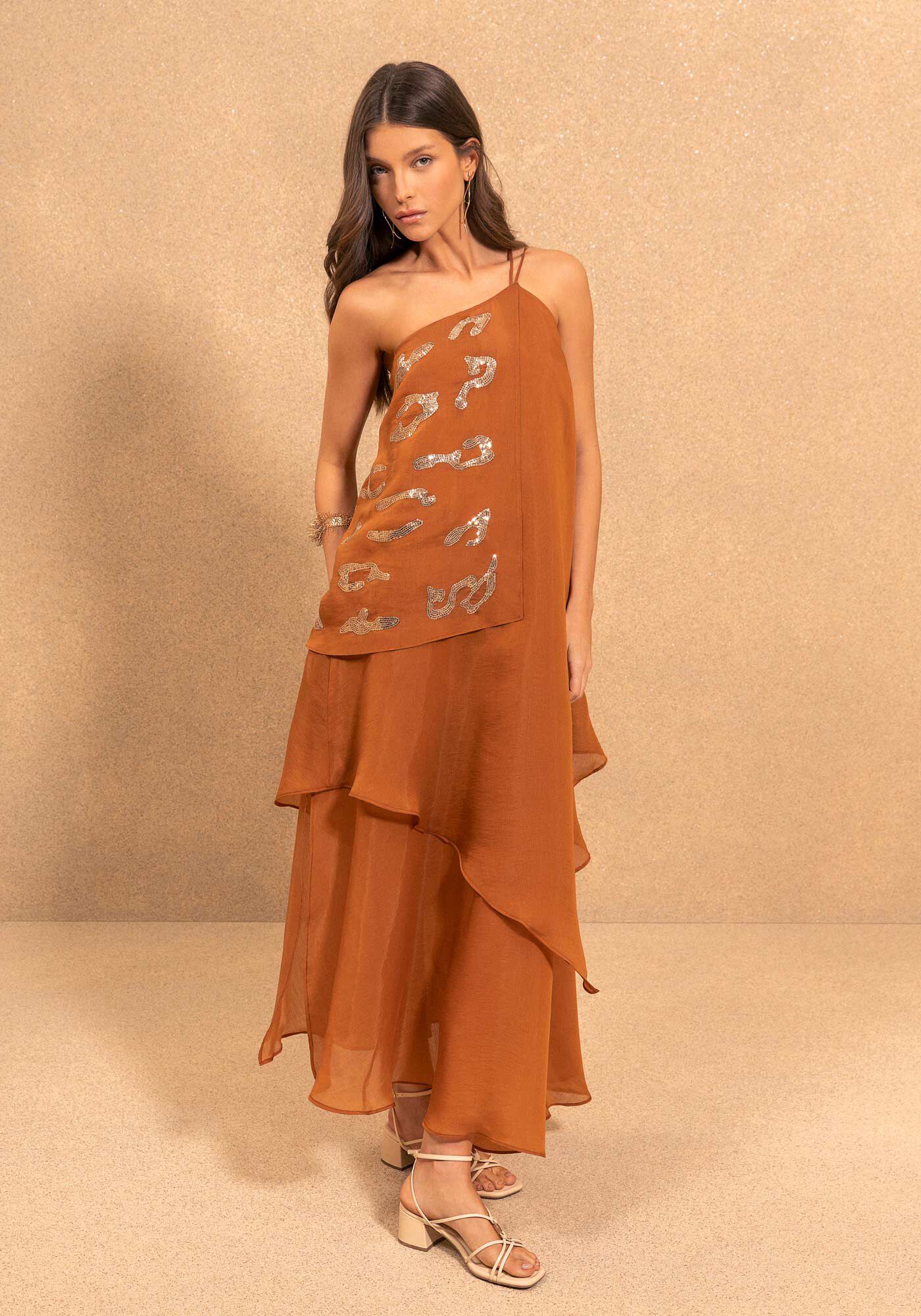 Vestido Ch&aacute; Um Ombro S&oacute; Com Sobreposi&ccedil;&otilde;es E Paet&ecirc;s Bordados, BEGE GLAZED, large.