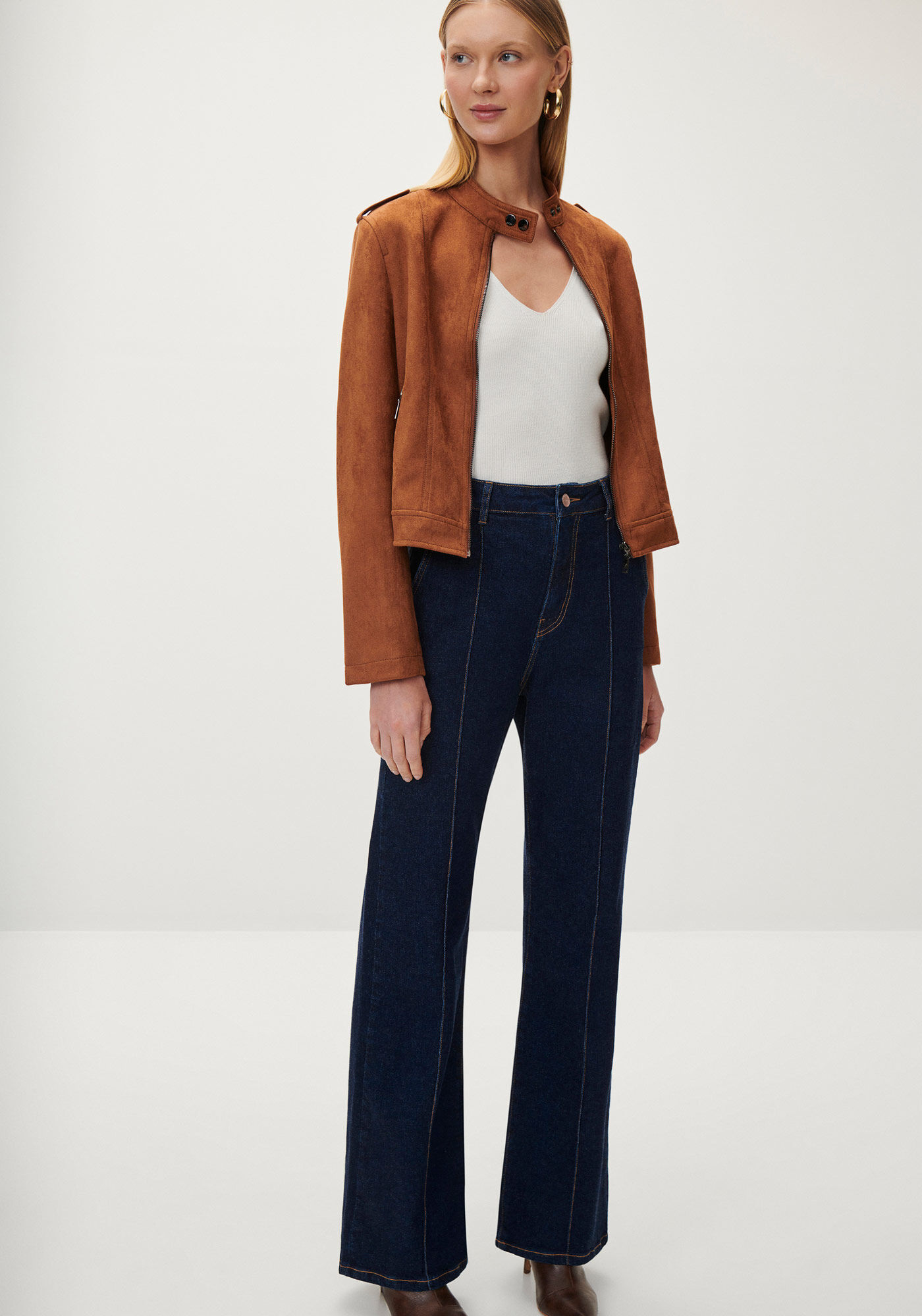 Cal&ccedil;a Jeans Wide Leg Super Alta com Nervuras, , large.